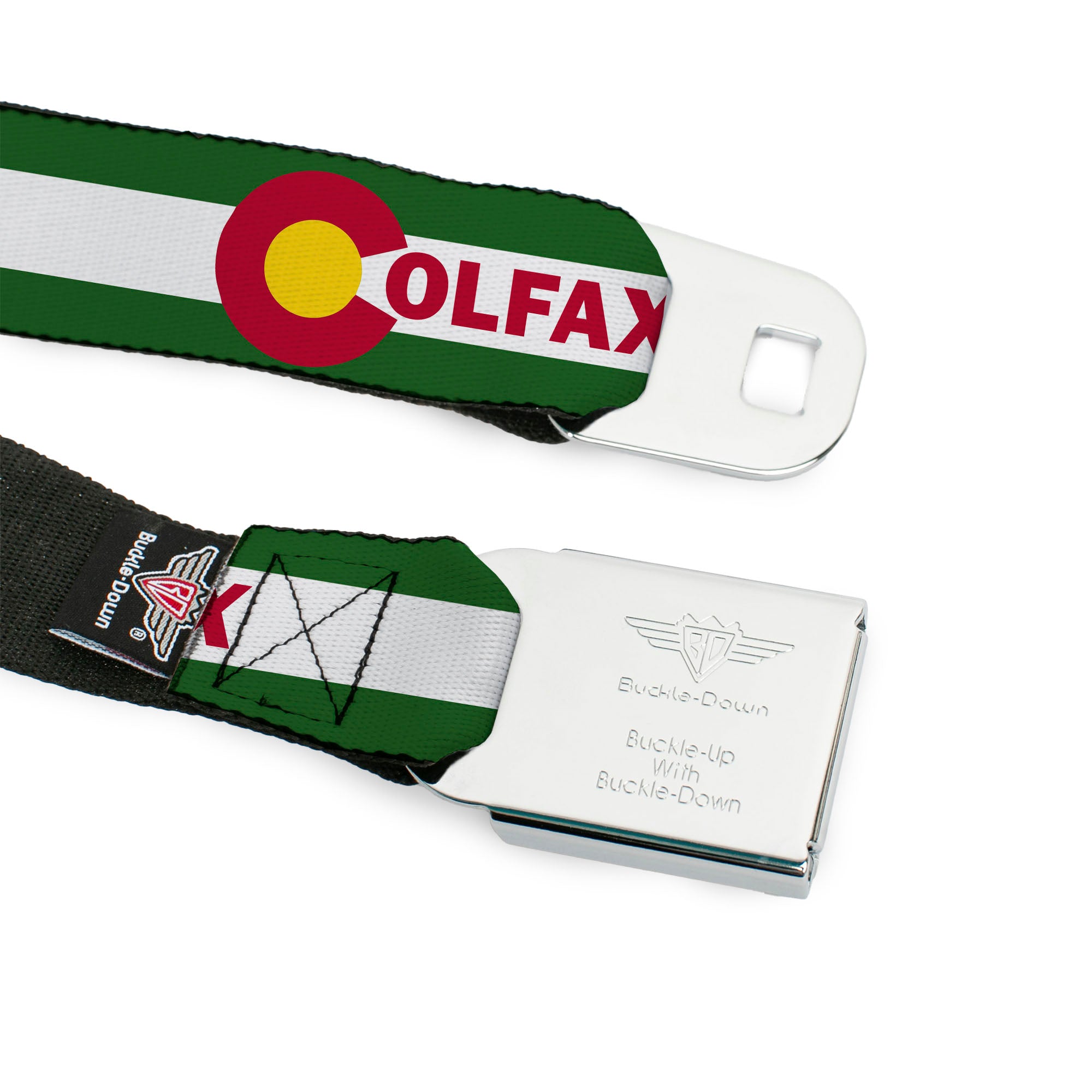 BD Wings Logo CLOSE-UP Full Color Black Silver Seatbelt Belt - COLFAX Green Stripe Webbing Seatbelt Belts Buckle-Down