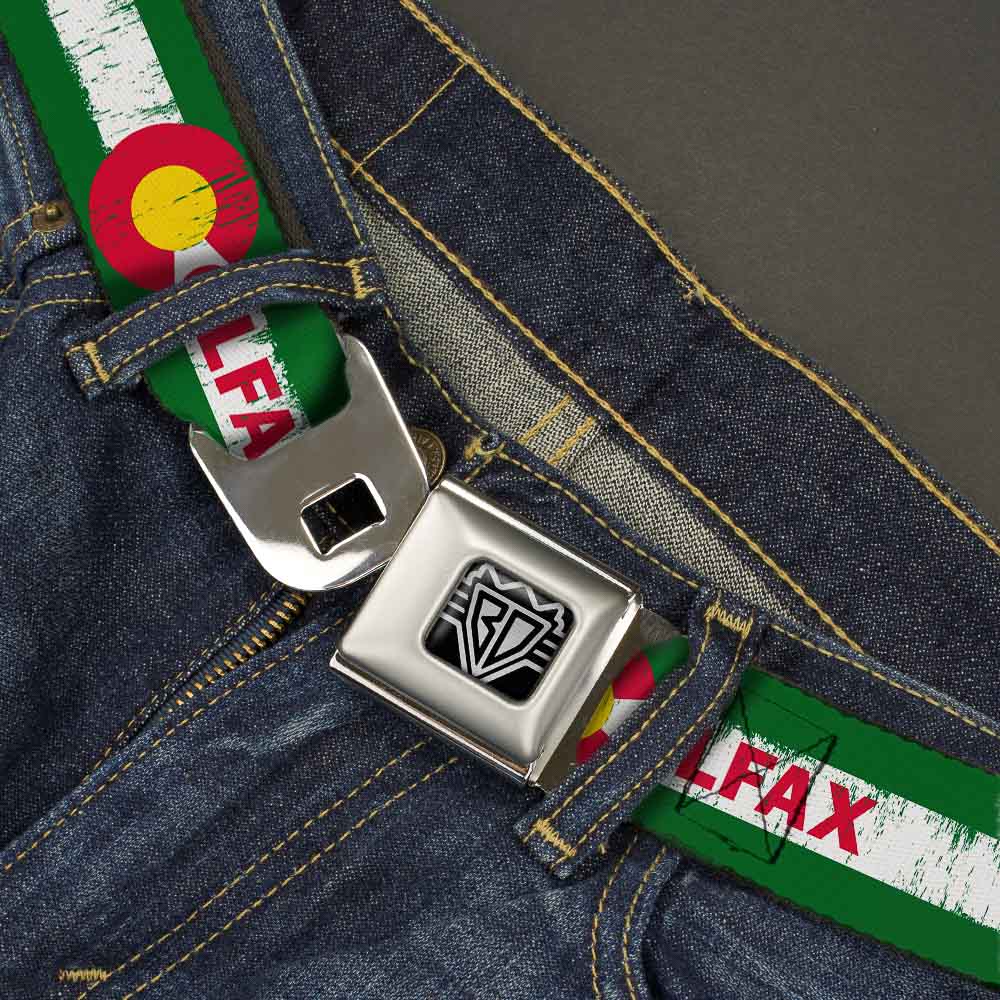 BD Wings Logo CLOSE-UP Full Color Black Silver Seatbelt Belt - COLFAX Green Stripe Weathered Webbing Seatbelt Belts Buckle-Down