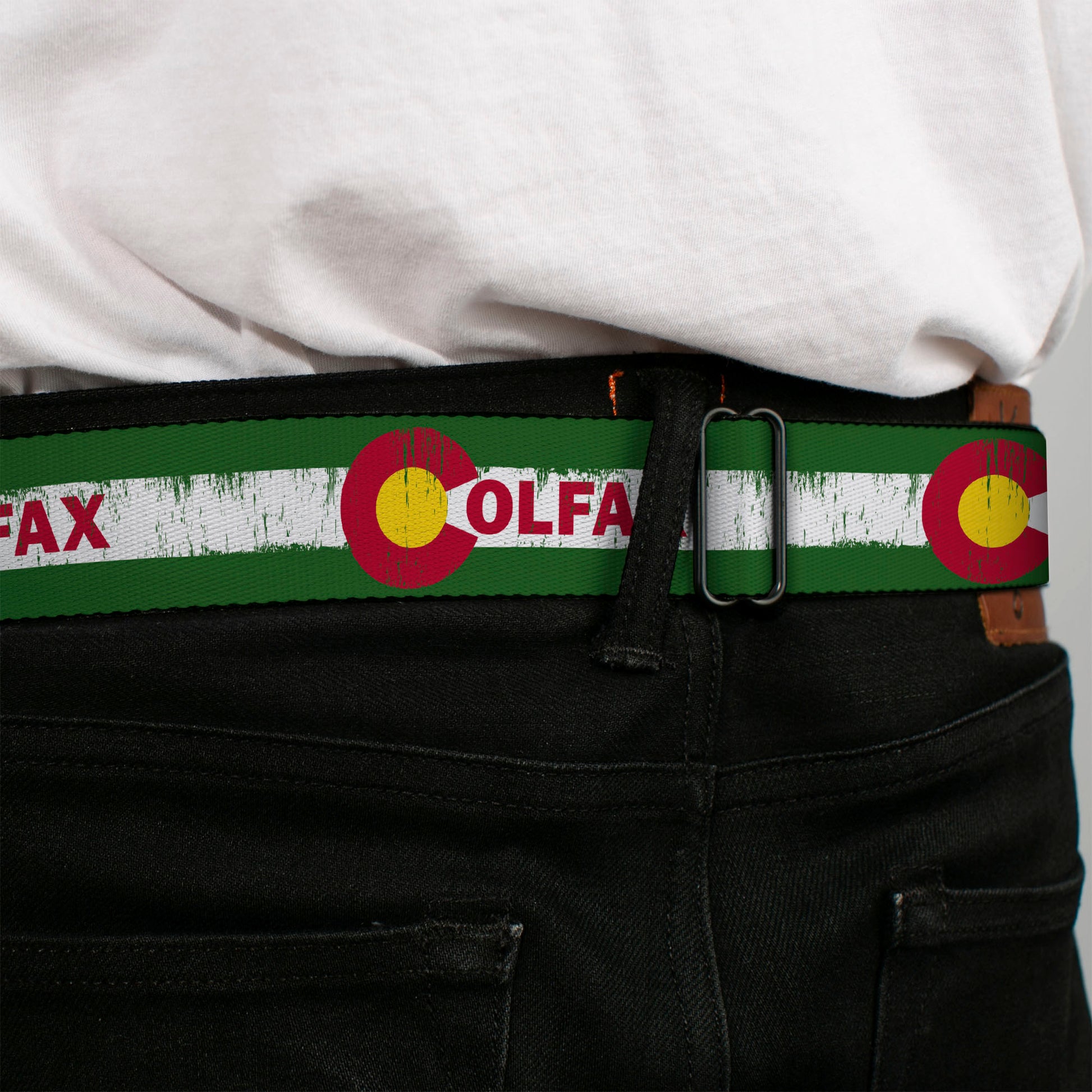 BD Wings Logo CLOSE-UP Full Color Black Silver Seatbelt Belt - COLFAX Green Stripe Weathered Webbing Seatbelt Belts Buckle-Down