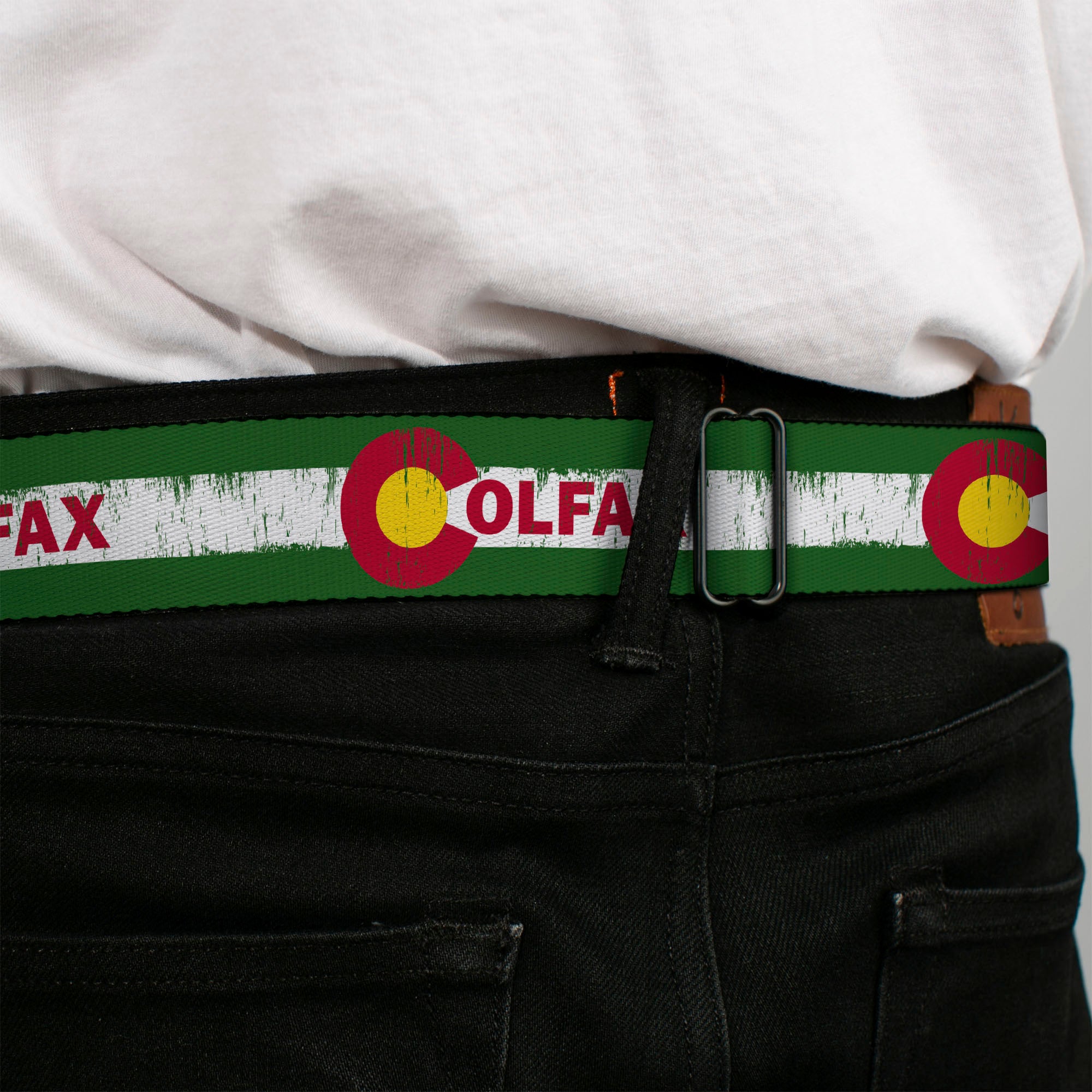 BD Wings Logo CLOSE-UP Full Color Black Silver Seatbelt Belt - COLFAX Green Stripe Weathered Webbing Seatbelt Belts Buckle-Down