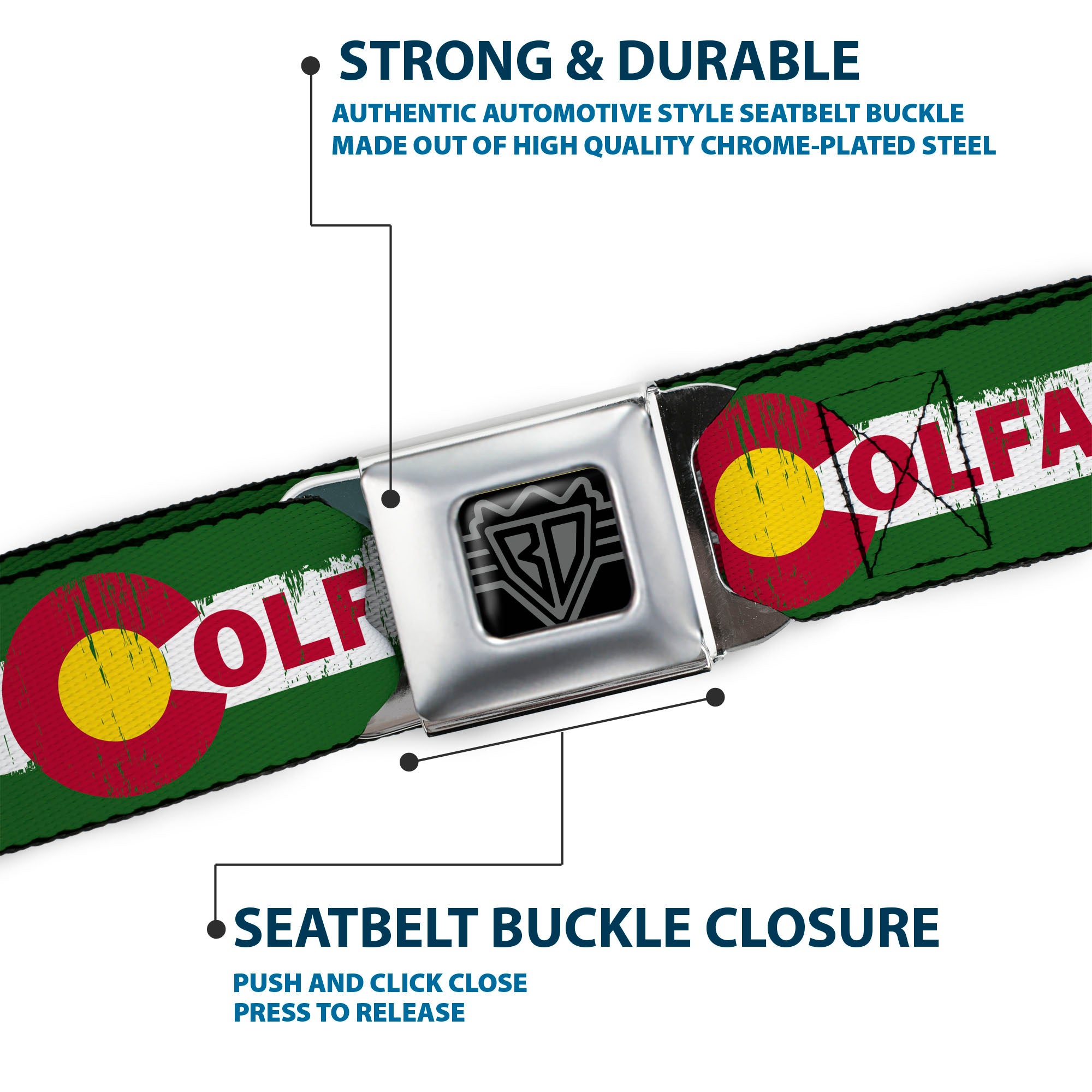 BD Wings Logo CLOSE-UP Full Color Black Silver Seatbelt Belt - COLFAX Green Stripe Weathered Webbing Seatbelt Belts Buckle-Down