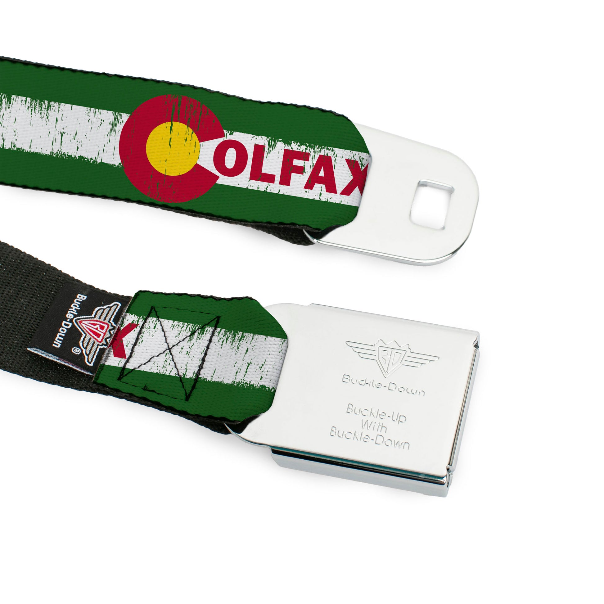BD Wings Logo CLOSE-UP Full Color Black Silver Seatbelt Belt - COLFAX Green Stripe Weathered Webbing Seatbelt Belts Buckle-Down