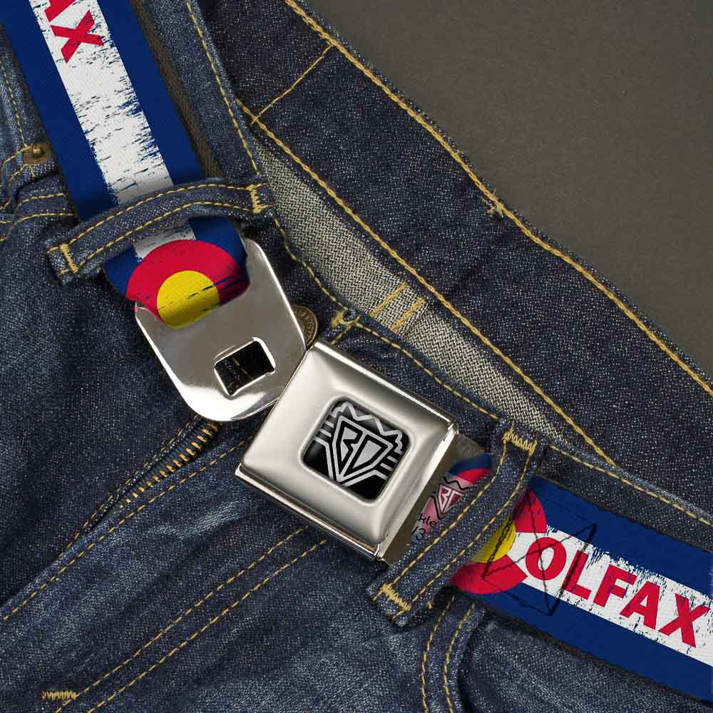 BD Wings Logo CLOSE-UP Full Color Black Silver Seatbelt Belt - COLFAX Colorado Flag Weathered Webbing Seatbelt Belts Buckle-Down