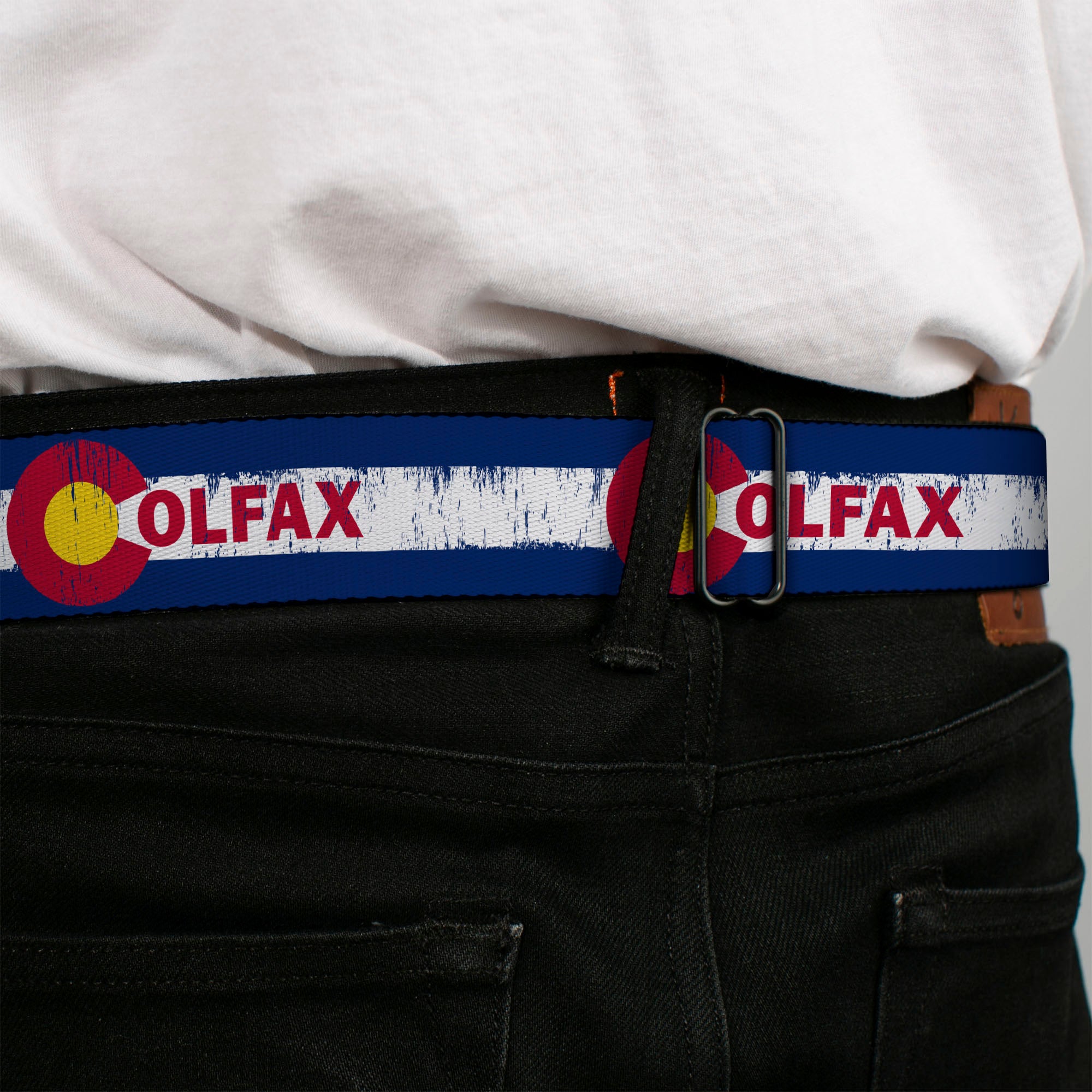 BD Wings Logo CLOSE-UP Full Color Black Silver Seatbelt Belt - COLFAX Colorado Flag Weathered Webbing Seatbelt Belts Buckle-Down