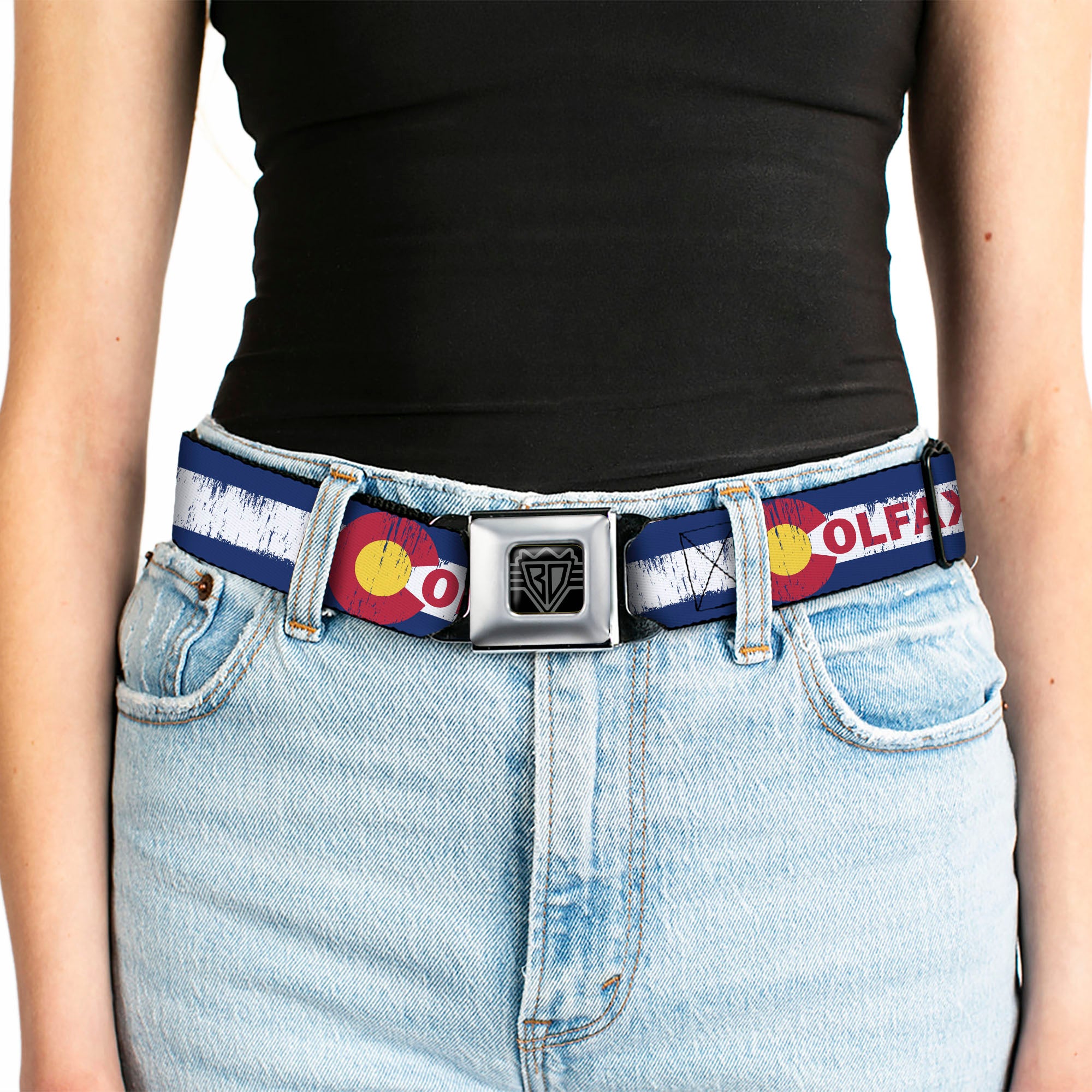 BD Wings Logo CLOSE-UP Full Color Black Silver Seatbelt Belt - COLFAX Colorado Flag Weathered Webbing Seatbelt Belts Buckle-Down