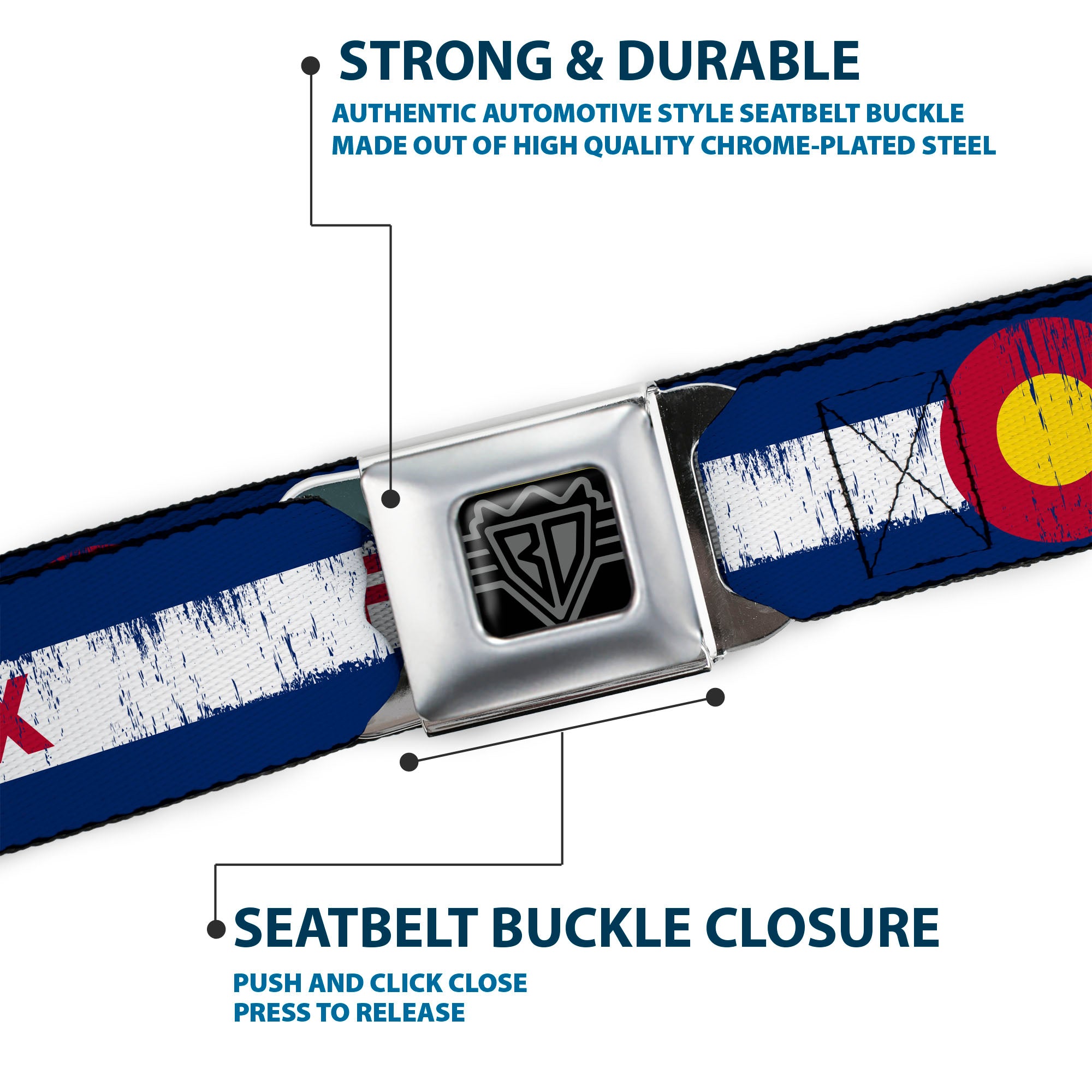 BD Wings Logo CLOSE-UP Full Color Black Silver Seatbelt Belt - COLFAX Colorado Flag Weathered Webbing Seatbelt Belts Buckle-Down
