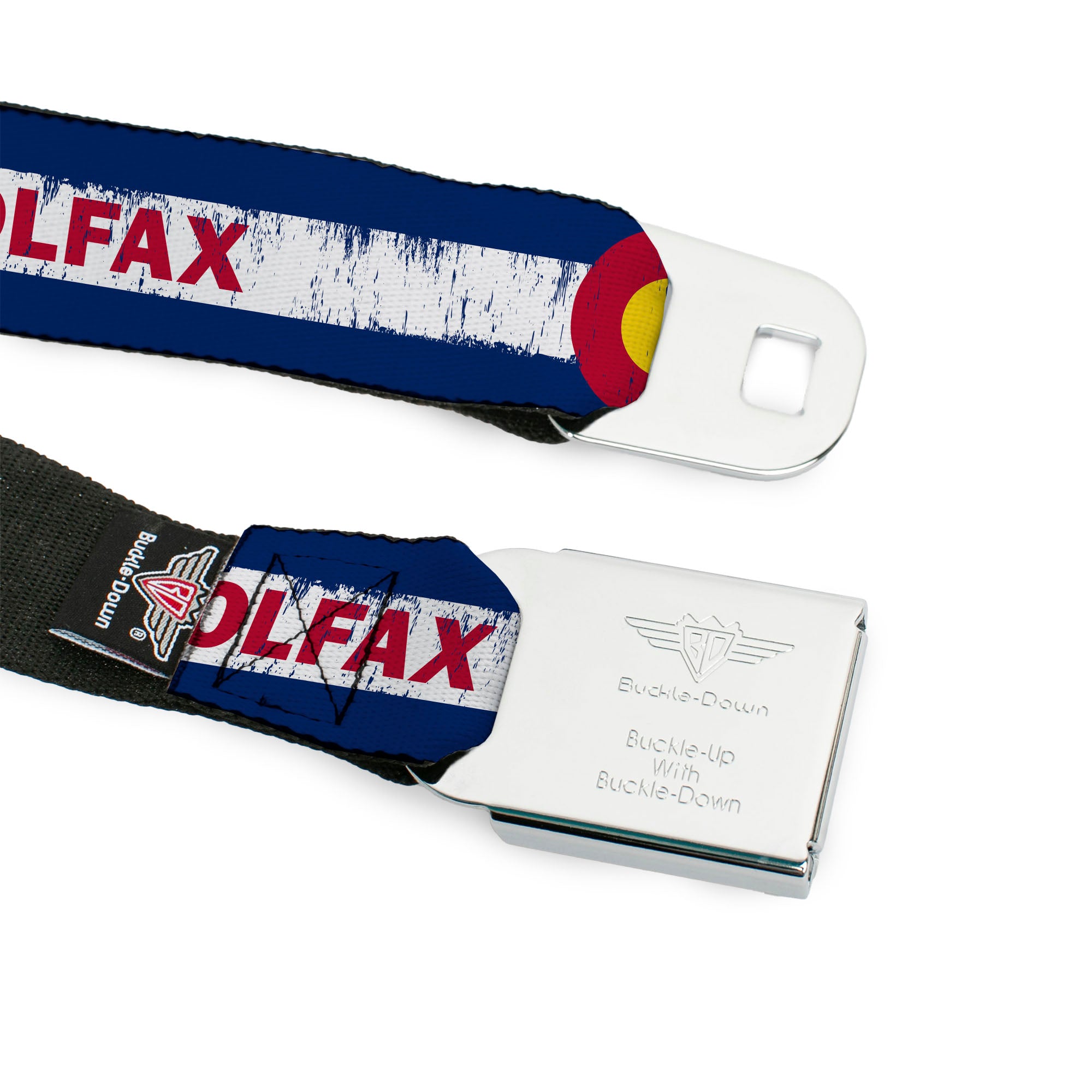 BD Wings Logo CLOSE-UP Full Color Black Silver Seatbelt Belt - COLFAX Colorado Flag Weathered Webbing Seatbelt Belts Buckle-Down