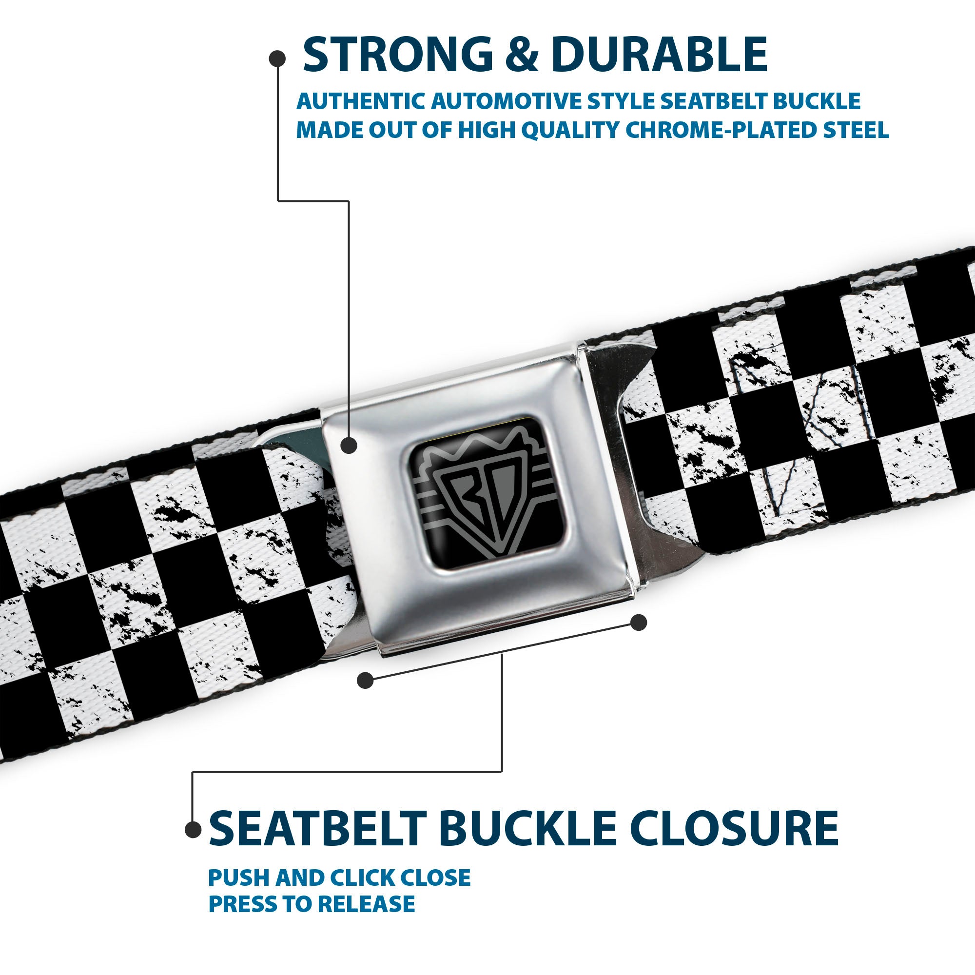 BD Wings Logo CLOSE-UP Full Color Black Silver Seatbelt Belt - Checker Weathered2 Black/White Webbing Seatbelt Belts Buckle-Down