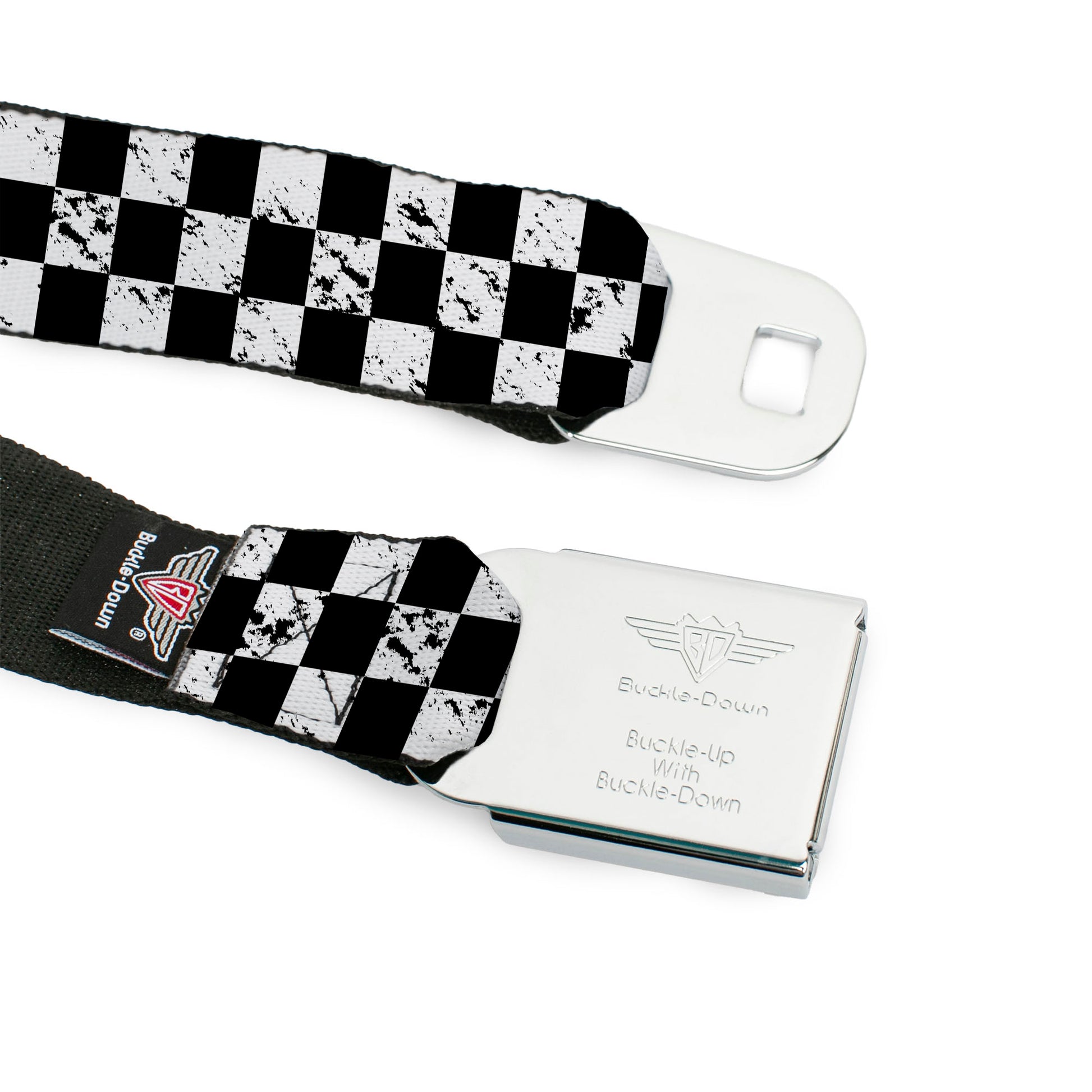 BD Wings Logo CLOSE-UP Full Color Black Silver Seatbelt Belt - Checker Weathered2 Black/White Webbing Seatbelt Belts Buckle-Down