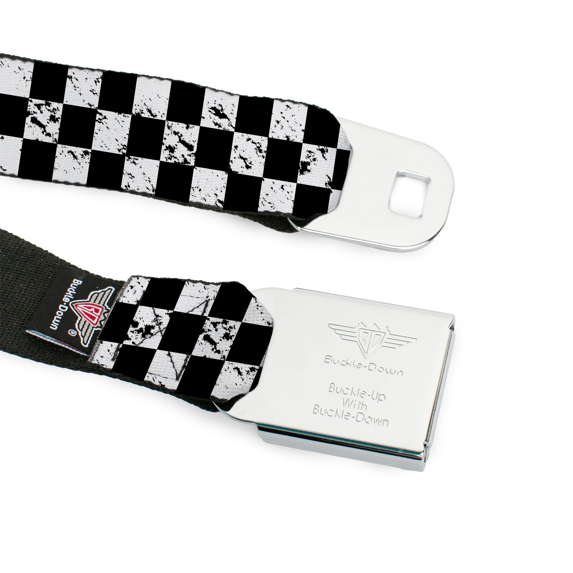 BD Wings Logo CLOSE-UP Full Color Black Silver Seatbelt Belt - Checker Weathered2 Black/White Webbing Seatbelt Belts Buckle-Down