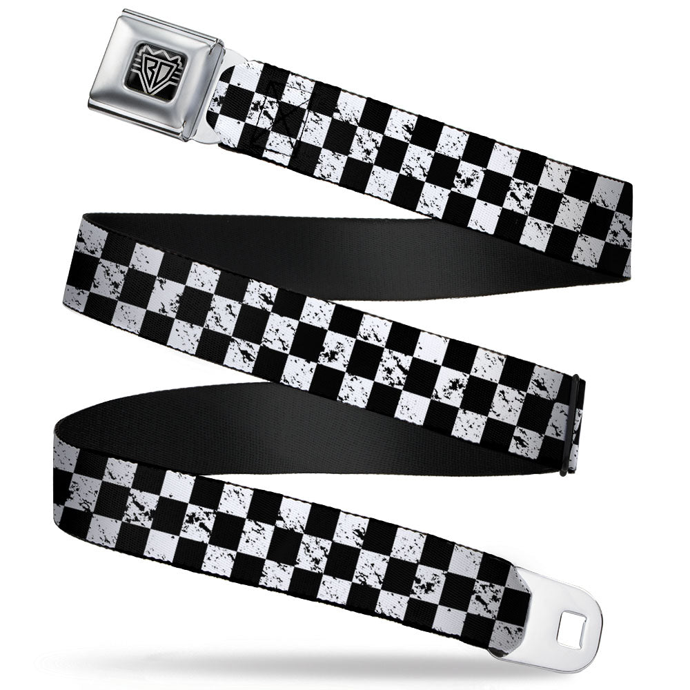 BD Wings Logo CLOSE-UP Full Color Black Silver Seatbelt Belt - Checker Weathered2 Black/White Webbing Seatbelt Belts Buckle-Down