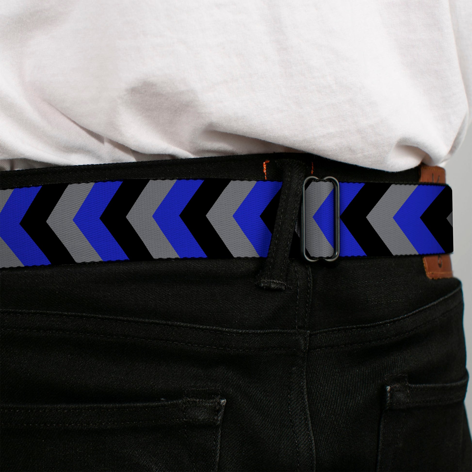 BD Wings Logo CLOSE-UP Full Color Black Silver Seatbelt Belt - Chevron Blue/Black/Gray Webbing Seatbelt Belts Buckle-Down
