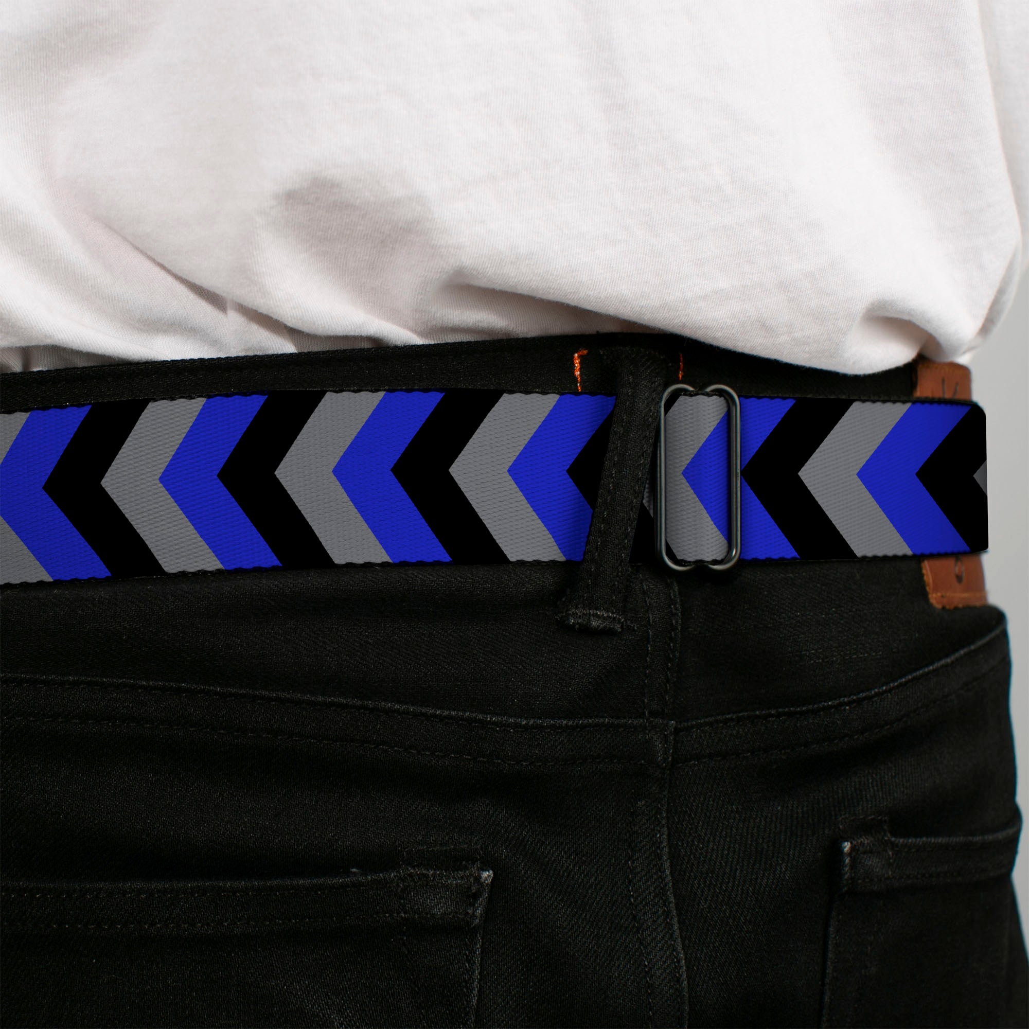 BD Wings Logo CLOSE-UP Full Color Black Silver Seatbelt Belt - Chevron Blue/Black/Gray Webbing Seatbelt Belts Buckle-Down