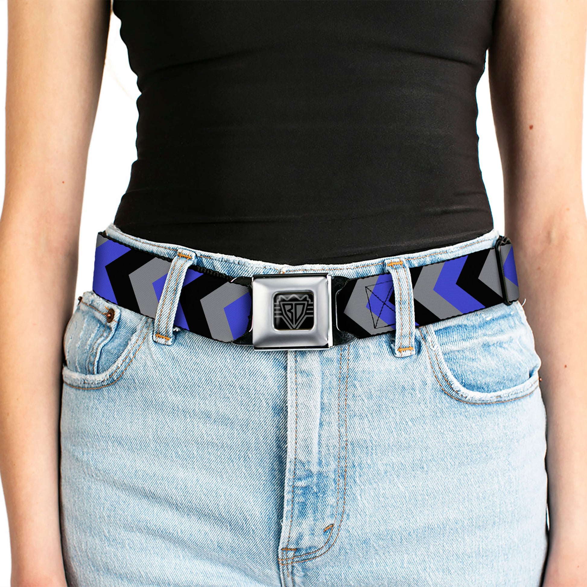 BD Wings Logo CLOSE-UP Full Color Black Silver Seatbelt Belt - Chevron Blue/Black/Gray Webbing Seatbelt Belts Buckle-Down
