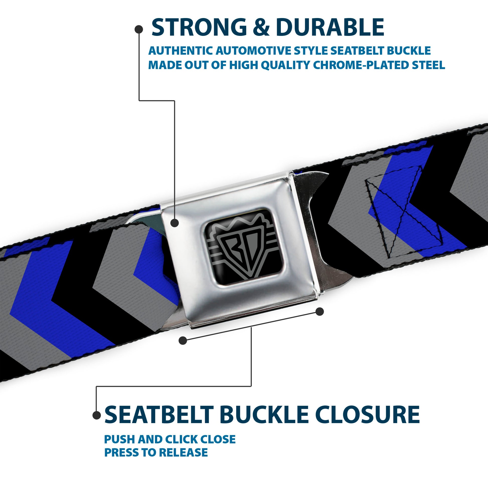 BD Wings Logo CLOSE-UP Full Color Black Silver Seatbelt Belt - Chevron Blue/Black/Gray Webbing Seatbelt Belts Buckle-Down