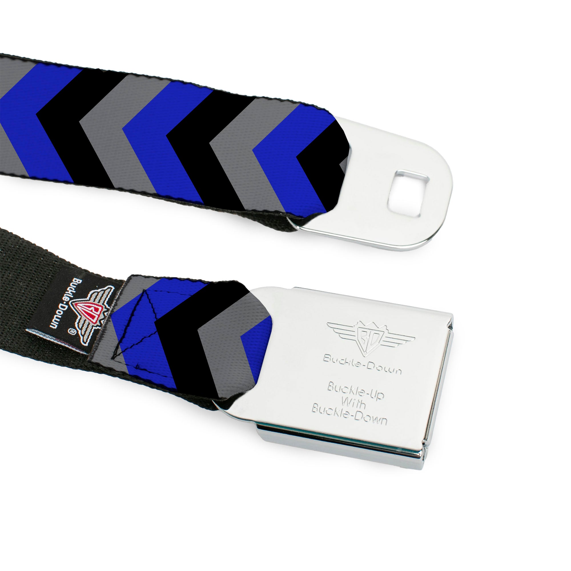 BD Wings Logo CLOSE-UP Full Color Black Silver Seatbelt Belt - Chevron Blue/Black/Gray Webbing Seatbelt Belts Buckle-Down