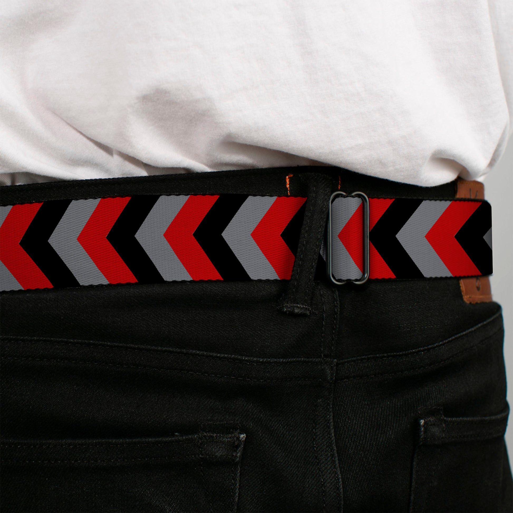 BD Wings Logo CLOSE-UP Full Color Black Silver Seatbelt Belt - Chevron Red/Black/Gray Webbing Seatbelt Belts Buckle-Down
