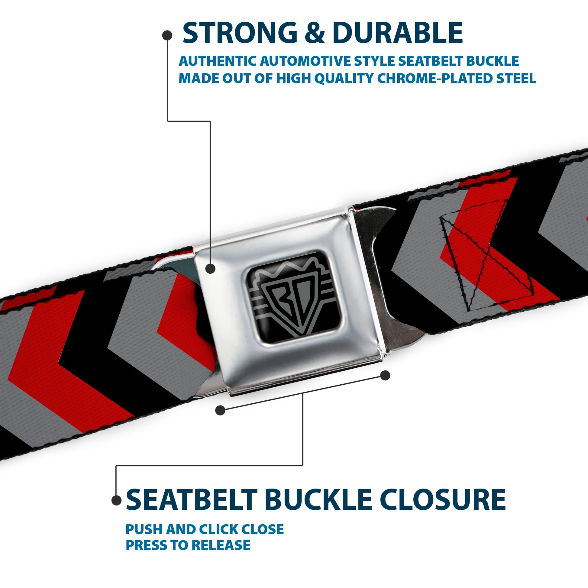 BD Wings Logo CLOSE-UP Full Color Black Silver Seatbelt Belt - Chevron Red/Black/Gray Webbing Seatbelt Belts Buckle-Down