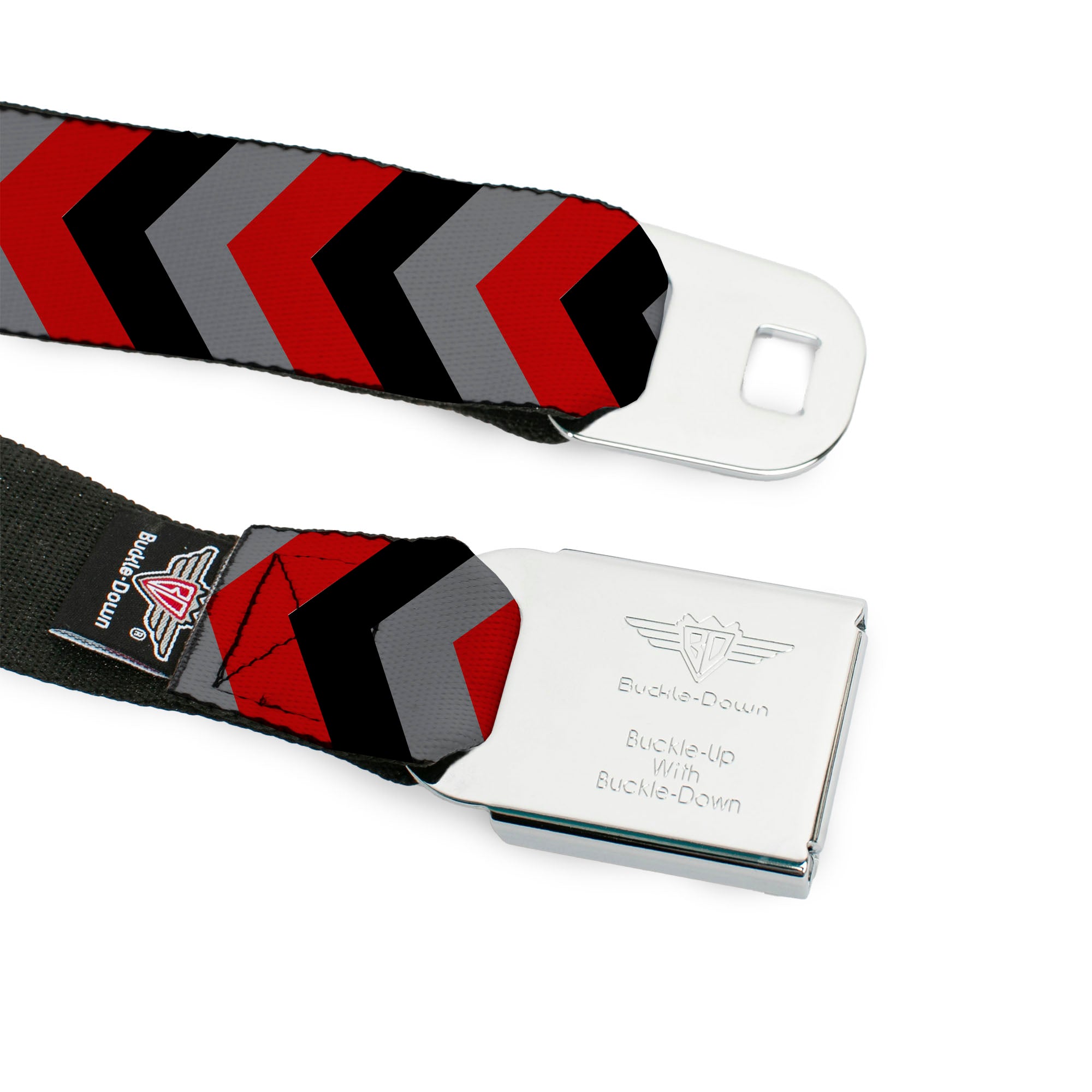 BD Wings Logo CLOSE-UP Full Color Black Silver Seatbelt Belt - Chevron Red/Black/Gray Webbing Seatbelt Belts Buckle-Down