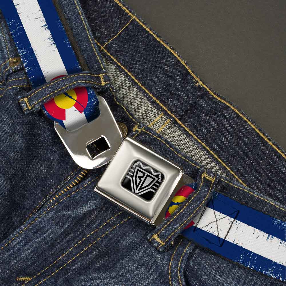 BD Wings Logo CLOSE-UP Full Color Black Silver Seatbelt Belt - Colorado Flag/Fisher Weathered Webbing Seatbelt Belts Buckle-Down