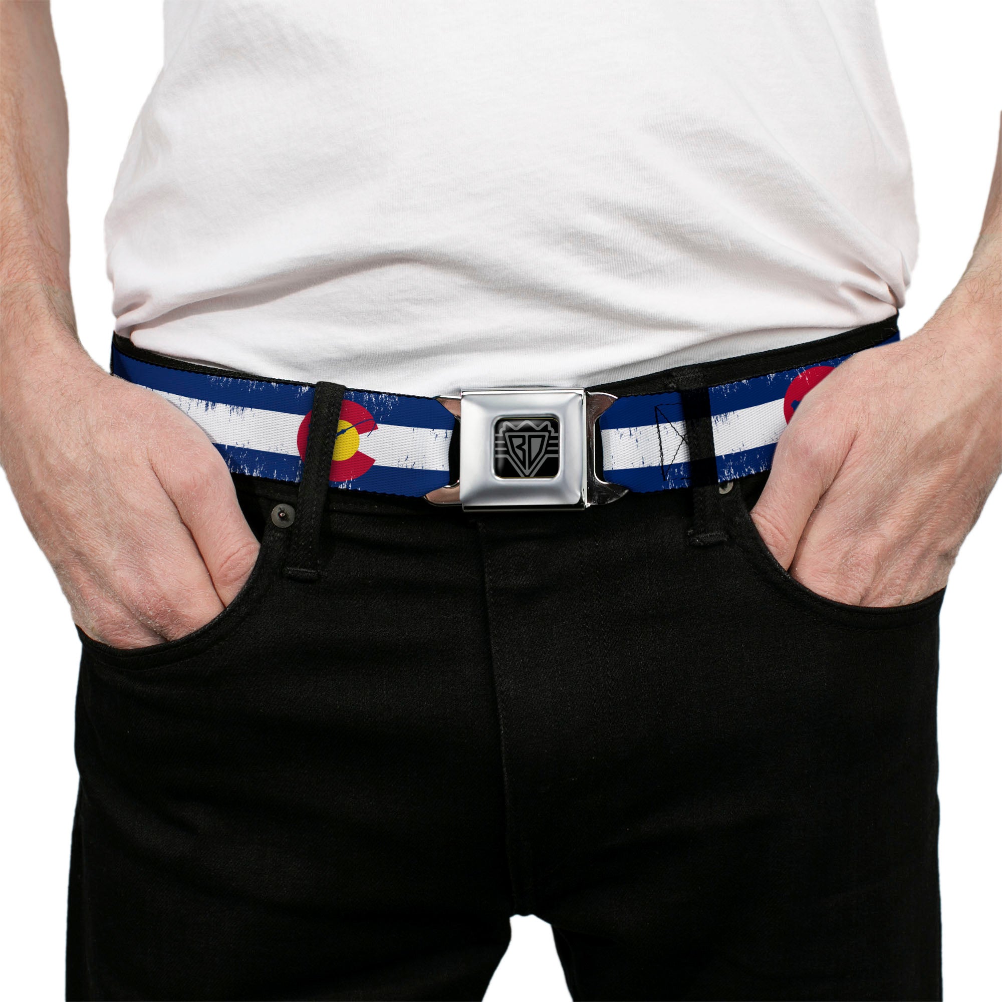 BD Wings Logo CLOSE-UP Full Color Black Silver Seatbelt Belt - Colorado Flag/Fisher Weathered Webbing Seatbelt Belts Buckle-Down