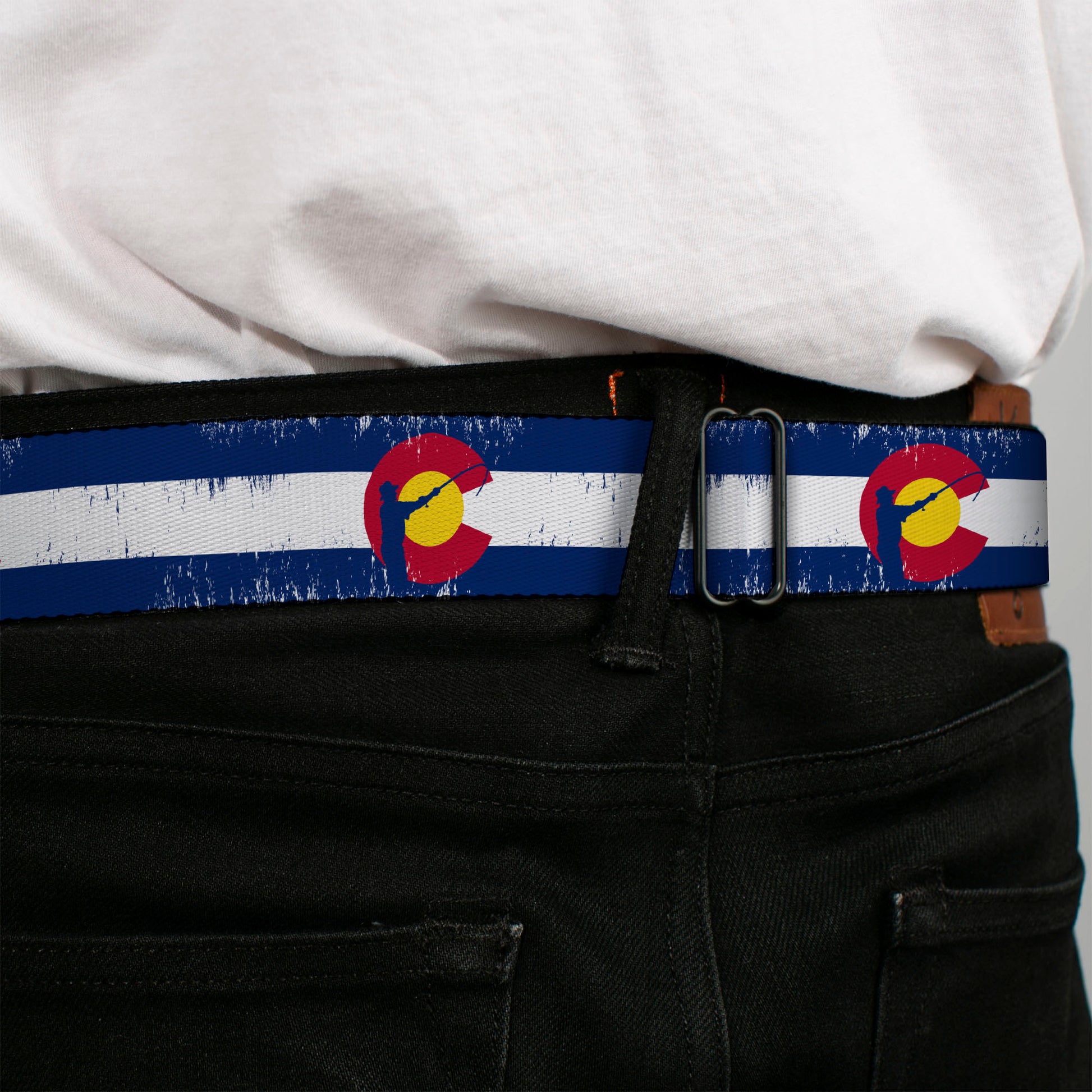 BD Wings Logo CLOSE-UP Full Color Black Silver Seatbelt Belt - Colorado Flag/Fisher Weathered Webbing Seatbelt Belts Buckle-Down