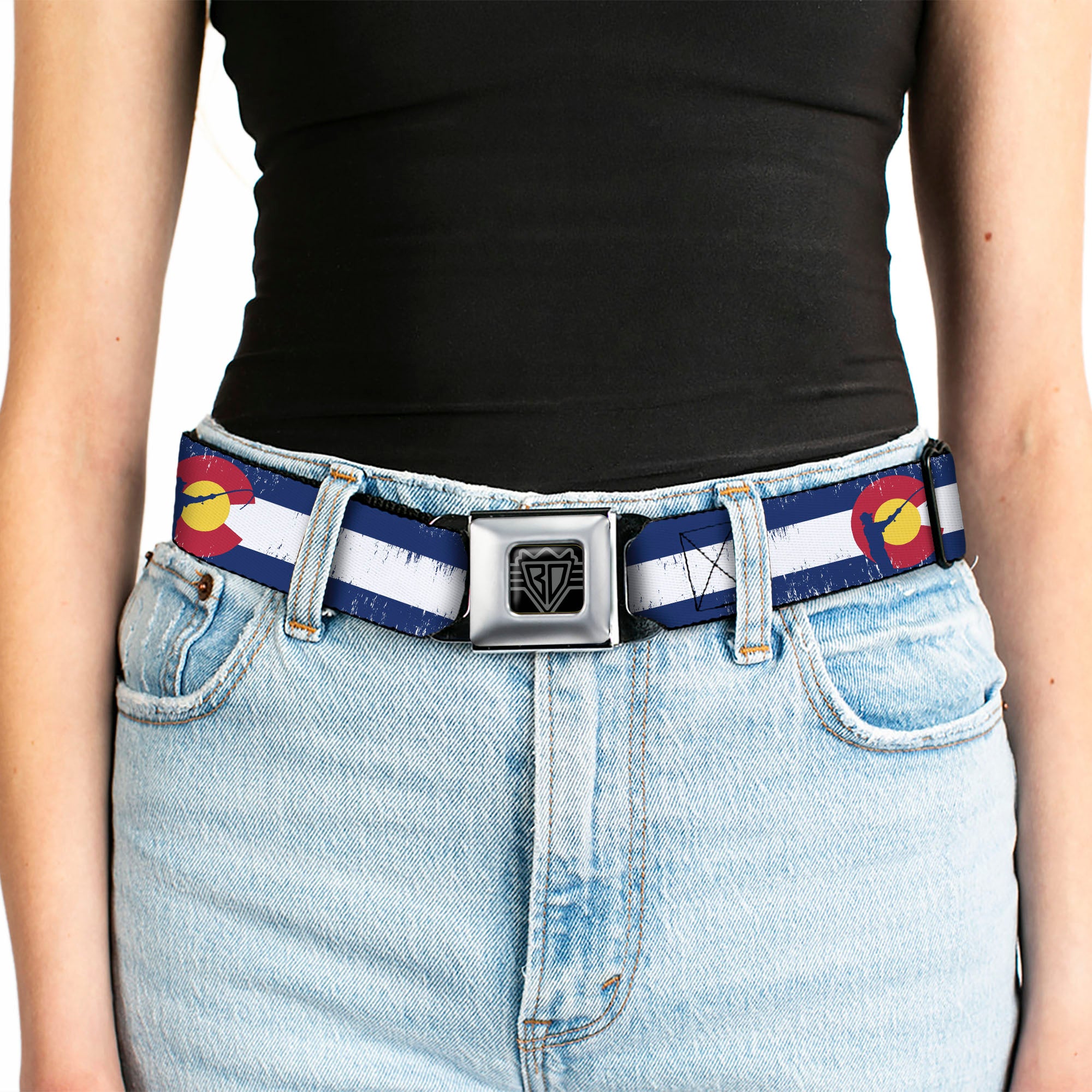 BD Wings Logo CLOSE-UP Full Color Black Silver Seatbelt Belt - Colorado Flag/Fisher Weathered Webbing Seatbelt Belts Buckle-Down
