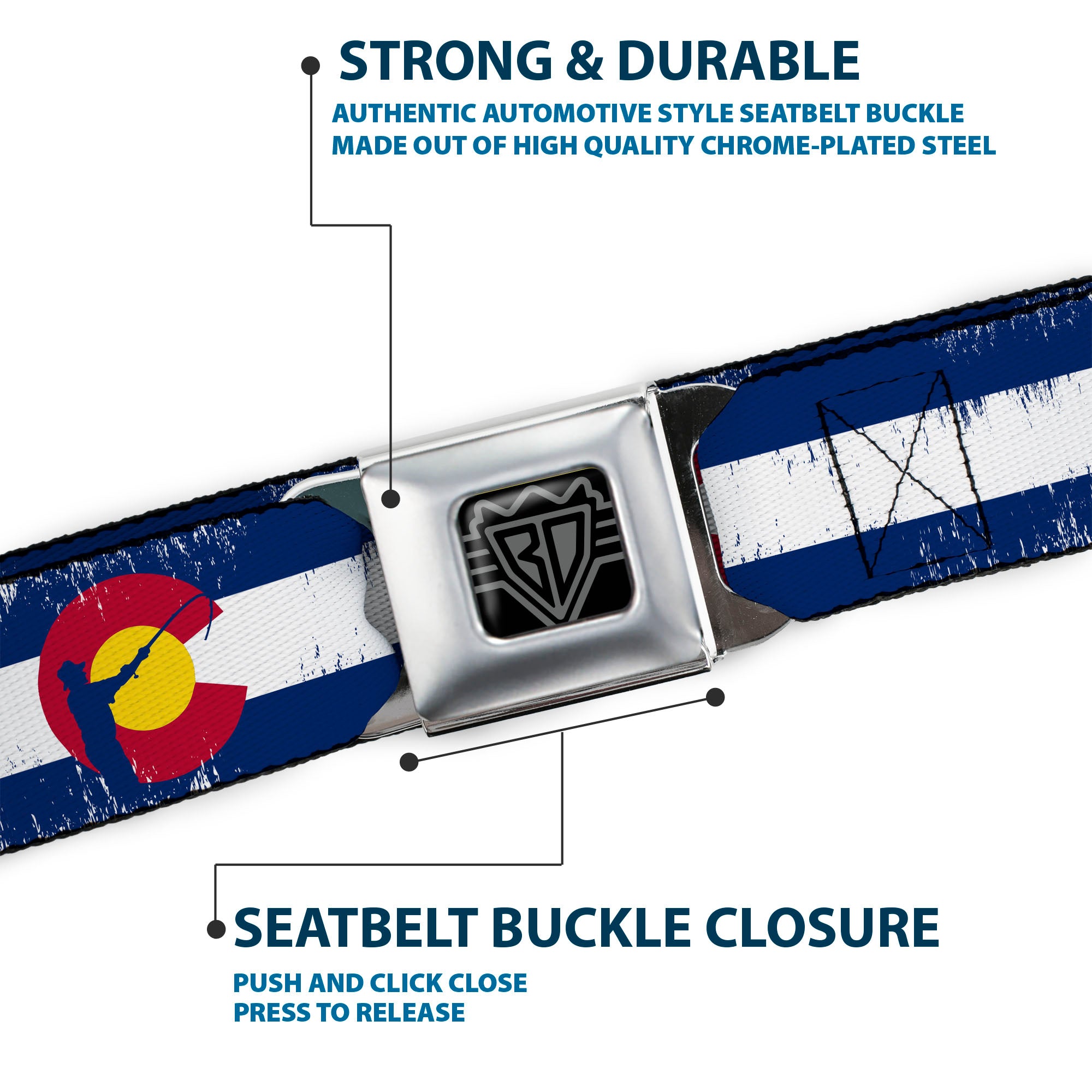 BD Wings Logo CLOSE-UP Full Color Black Silver Seatbelt Belt - Colorado Flag/Fisher Weathered Webbing Seatbelt Belts Buckle-Down