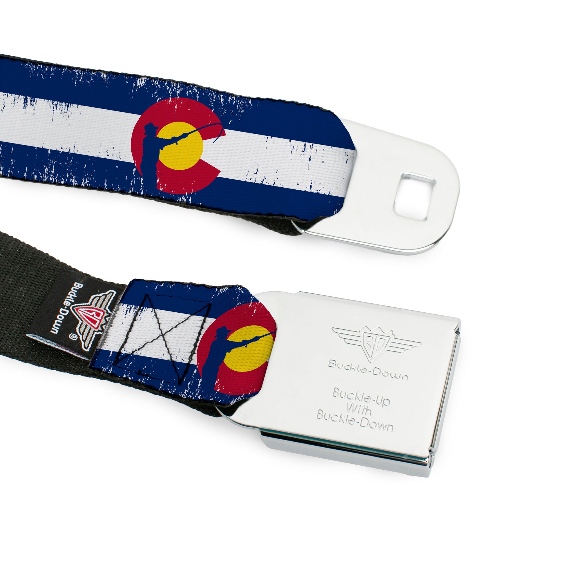 BD Wings Logo CLOSE-UP Full Color Black Silver Seatbelt Belt - Colorado Flag/Fisher Weathered Webbing Seatbelt Belts Buckle-Down