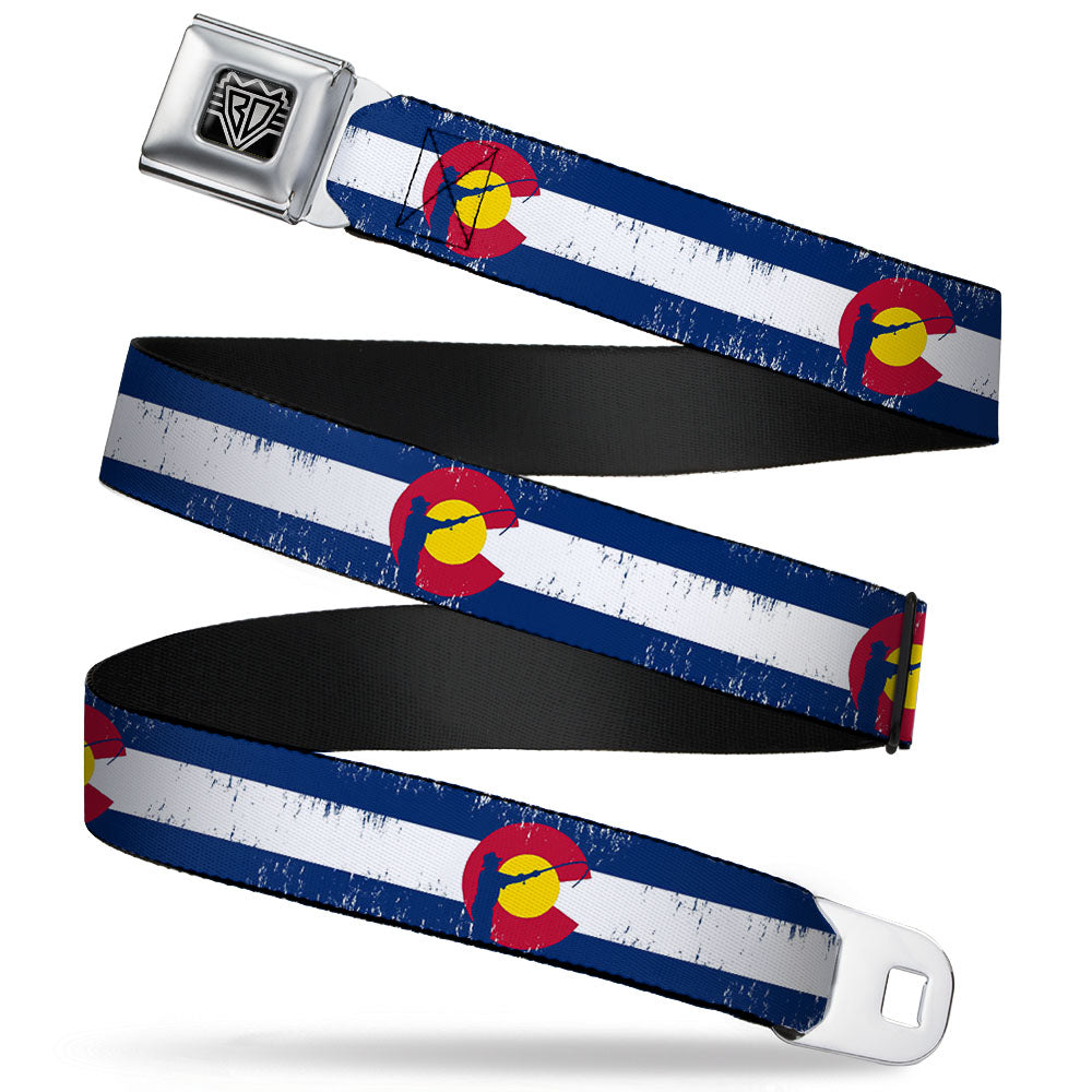 BD Wings Logo CLOSE-UP Full Color Black Silver Seatbelt Belt - Colorado Flag/Fisher Weathered Webbing Seatbelt Belts Buckle-Down