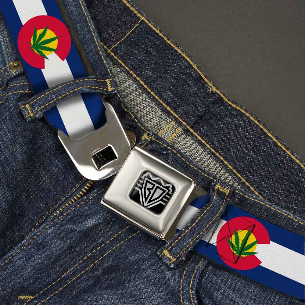 BD Wings Logo CLOSE-UP Full Color Black Silver Seatbelt Belt - Colorado Flag/Marijuana Leaf Webbing Seatbelt Belts Buckle-Down