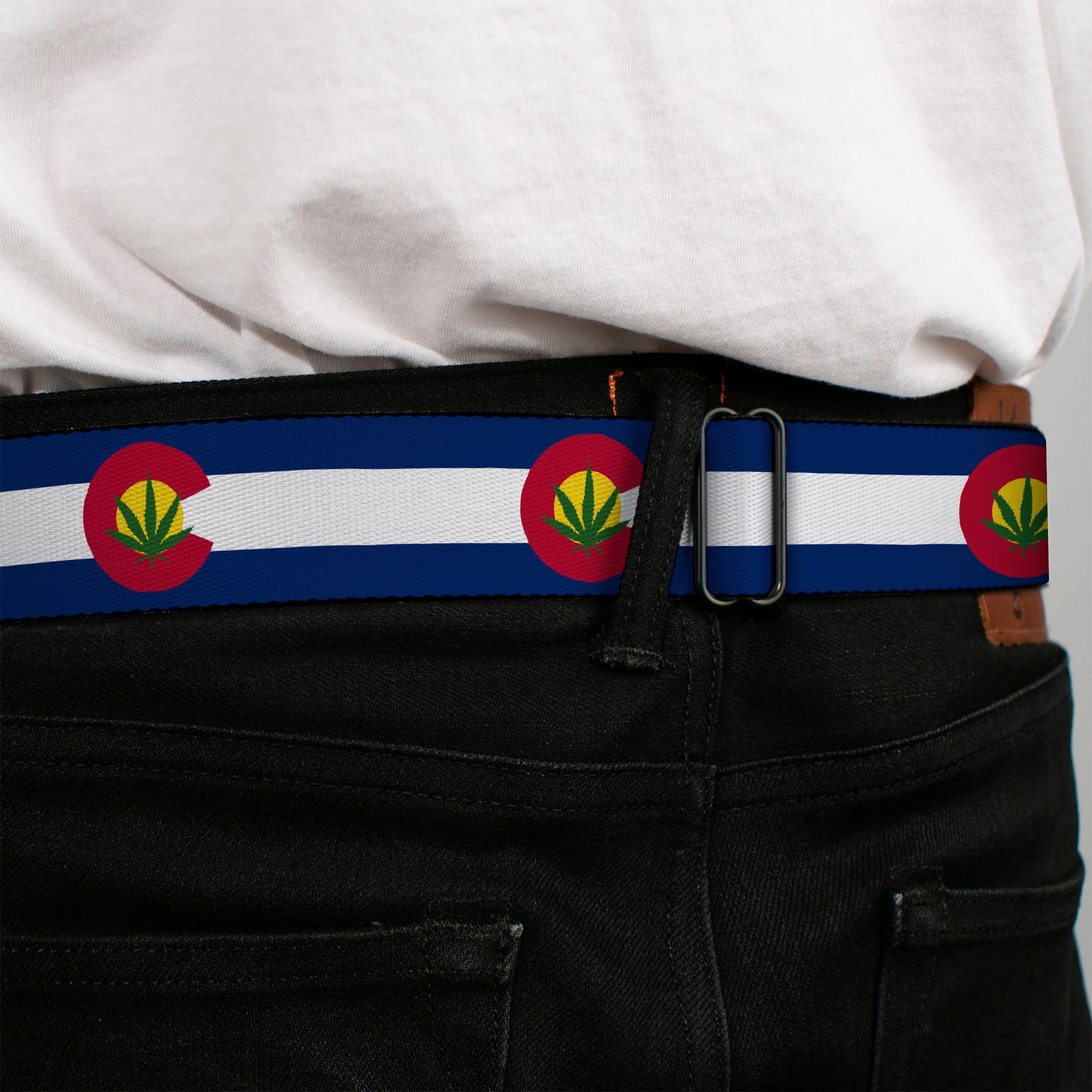 BD Wings Logo CLOSE-UP Full Color Black Silver Seatbelt Belt - Colorado Flag/Marijuana Leaf Webbing Seatbelt Belts Buckle-Down