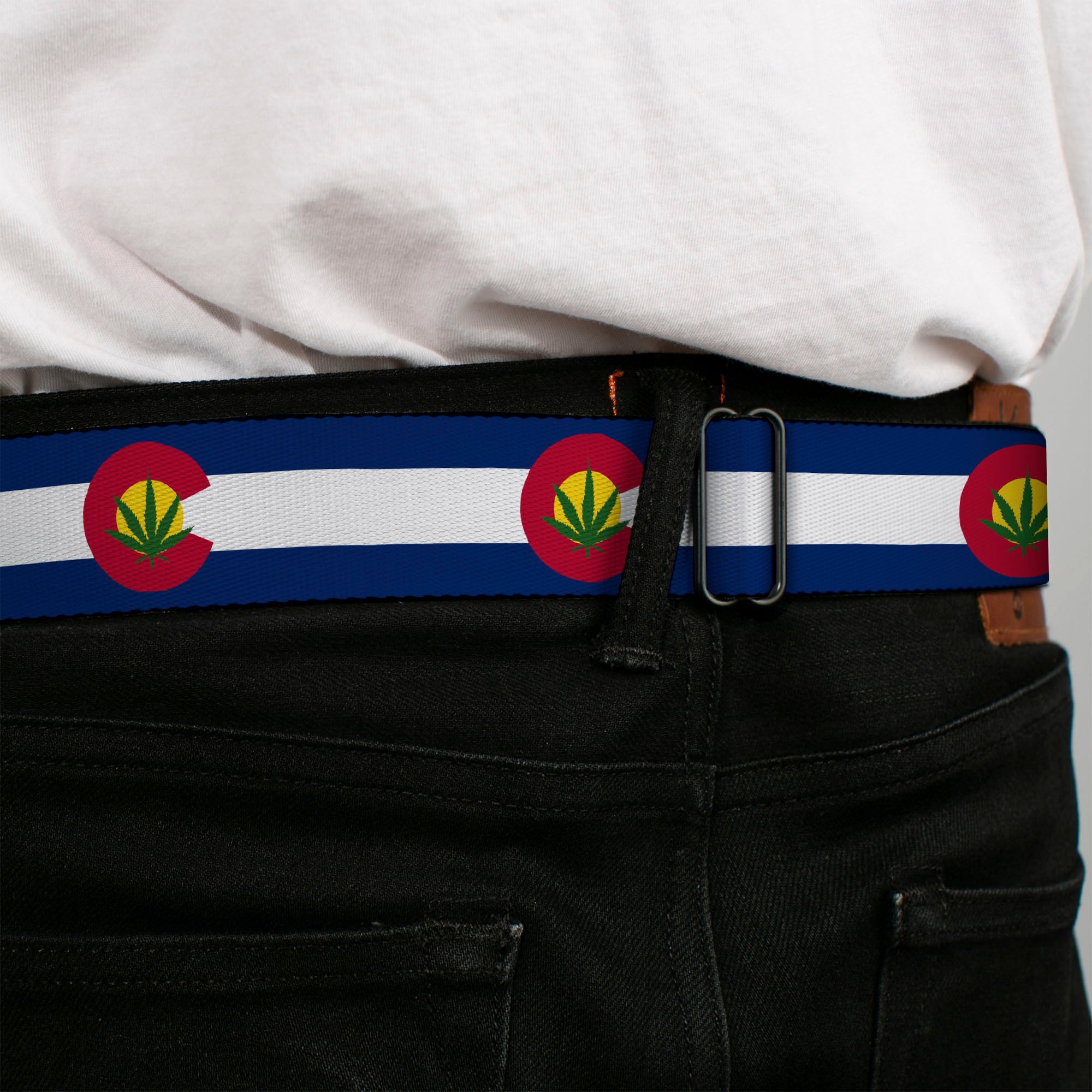 BD Wings Logo CLOSE-UP Full Color Black Silver Seatbelt Belt - Colorado Flag/Marijuana Leaf Webbing Seatbelt Belts Buckle-Down