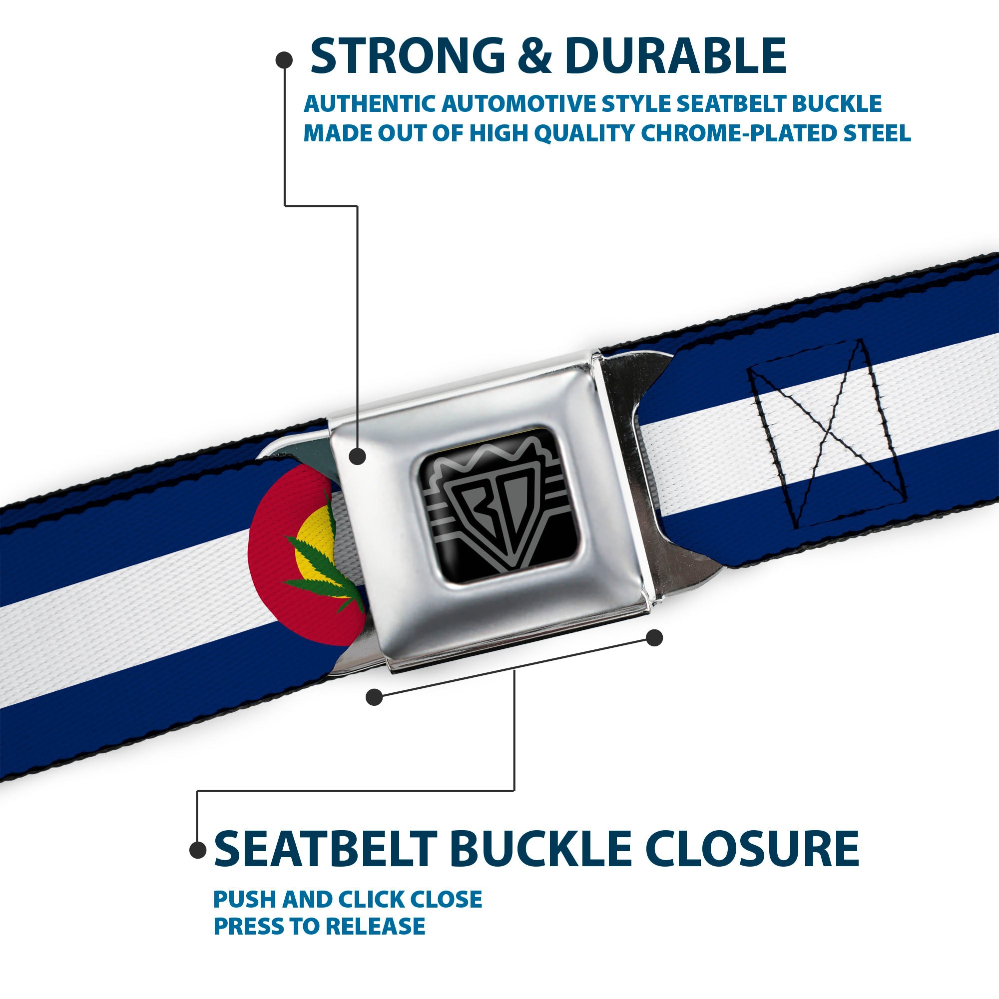 BD Wings Logo CLOSE-UP Full Color Black Silver Seatbelt Belt - Colorado Flag/Marijuana Leaf Webbing Seatbelt Belts Buckle-Down