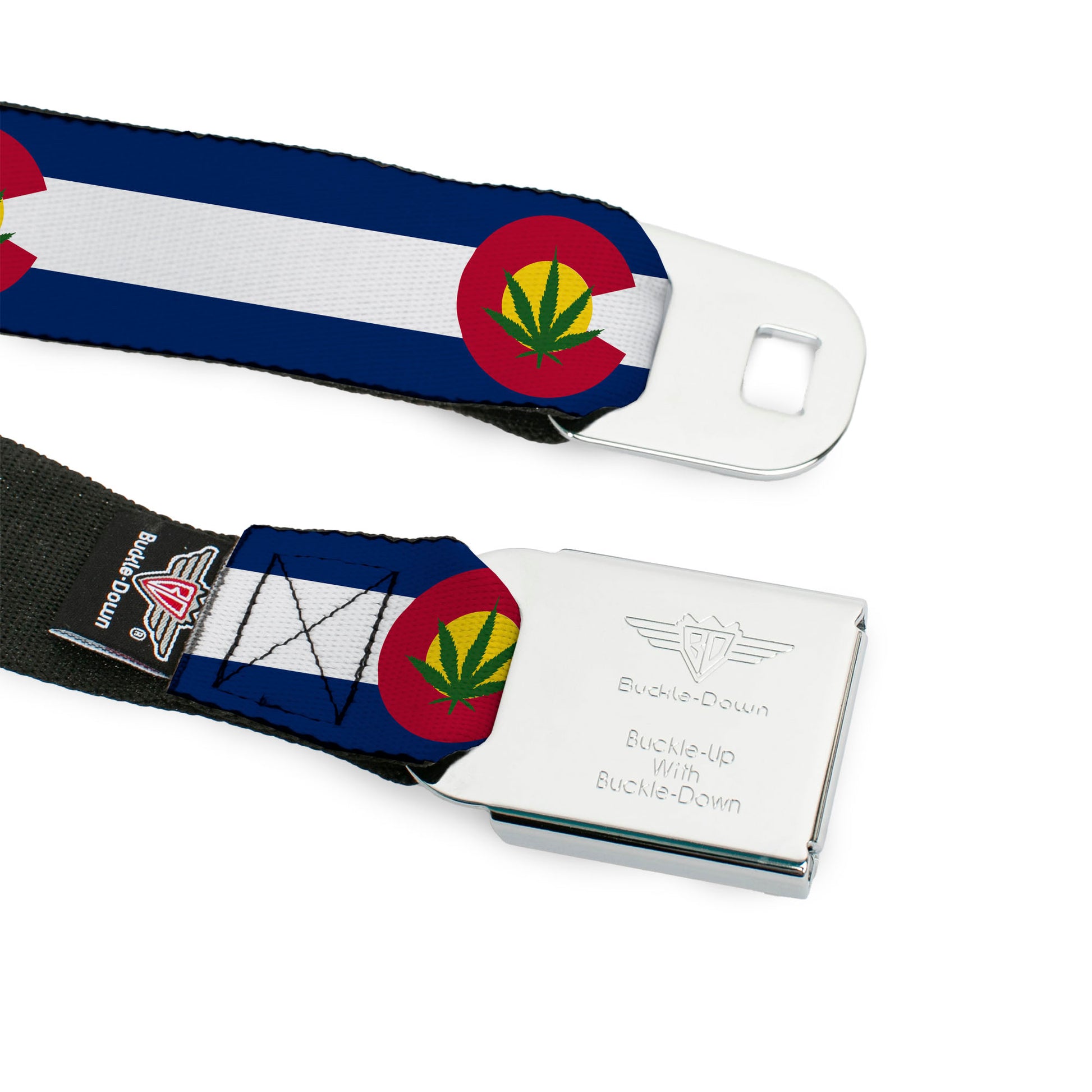 BD Wings Logo CLOSE-UP Full Color Black Silver Seatbelt Belt - Colorado Flag/Marijuana Leaf Webbing Seatbelt Belts Buckle-Down