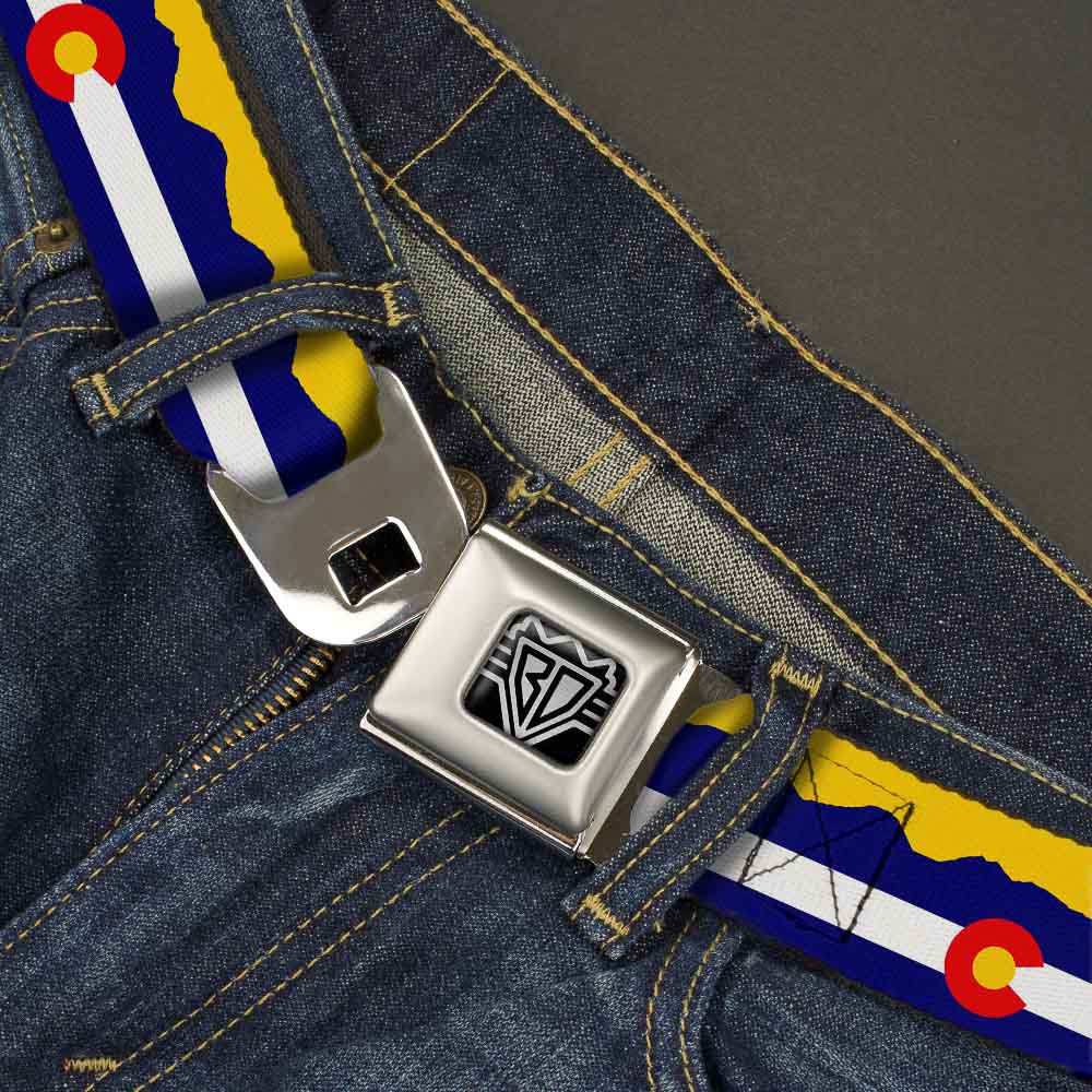 BD Wings Logo CLOSE-UP Full Color Black Silver Seatbelt Belt - Colorado Flag/Mountain Silhouette Yellow Webbing Seatbelt Belts Buckle-Down