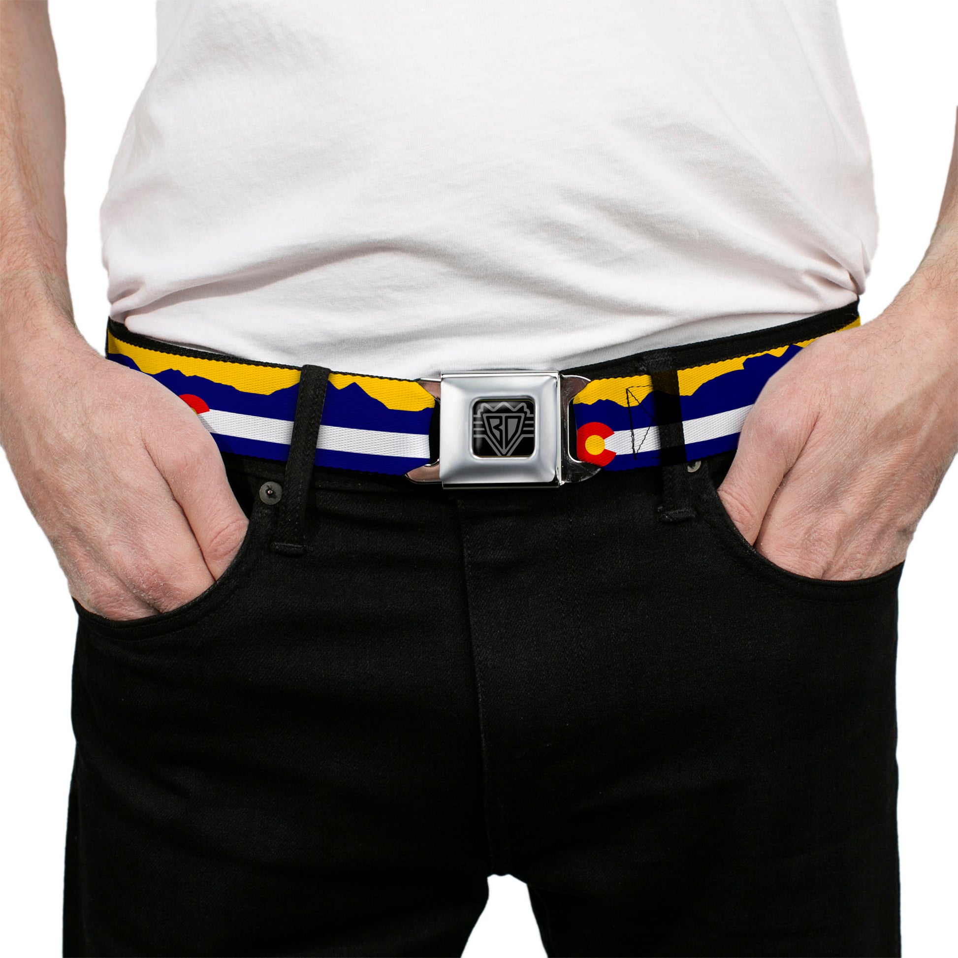 BD Wings Logo CLOSE-UP Full Color Black Silver Seatbelt Belt - Colorado Flag/Mountain Silhouette Yellow Webbing Seatbelt Belts Buckle-Down