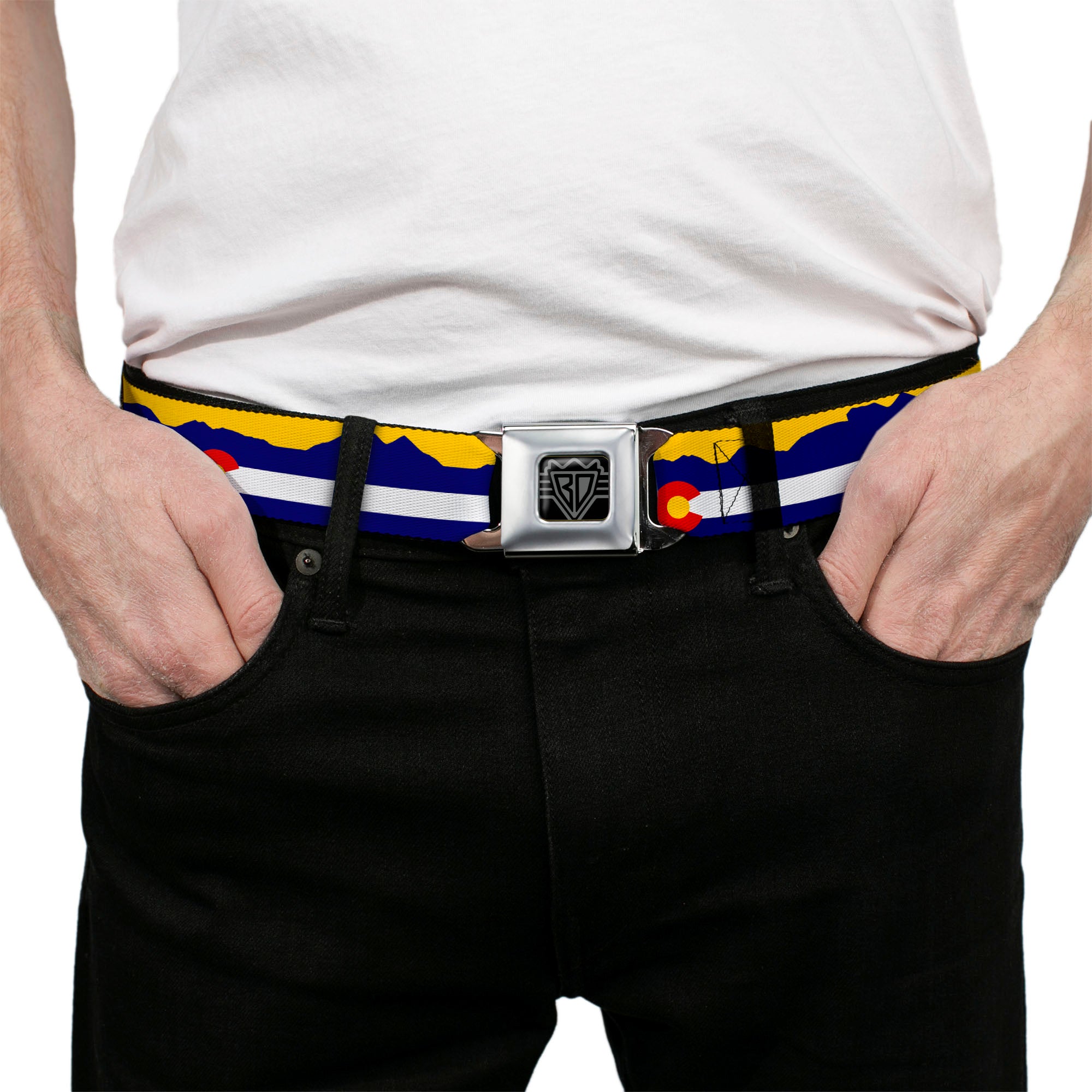 BD Wings Logo CLOSE-UP Full Color Black Silver Seatbelt Belt - Colorado Flag/Mountain Silhouette Yellow Webbing Seatbelt Belts Buckle-Down