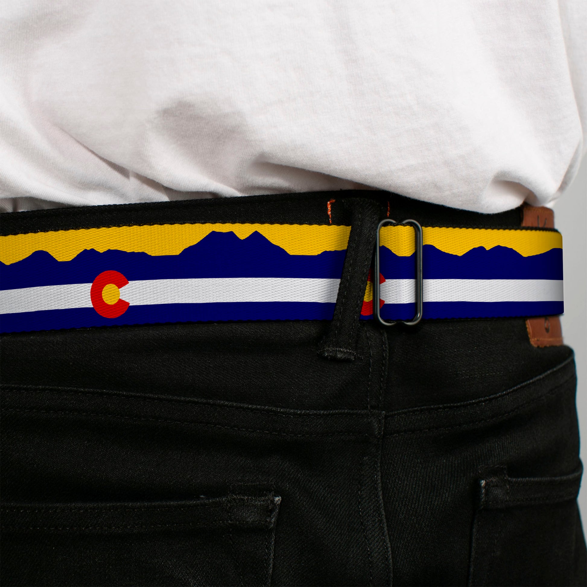 BD Wings Logo CLOSE-UP Full Color Black Silver Seatbelt Belt - Colorado Flag/Mountain Silhouette Yellow Webbing Seatbelt Belts Buckle-Down