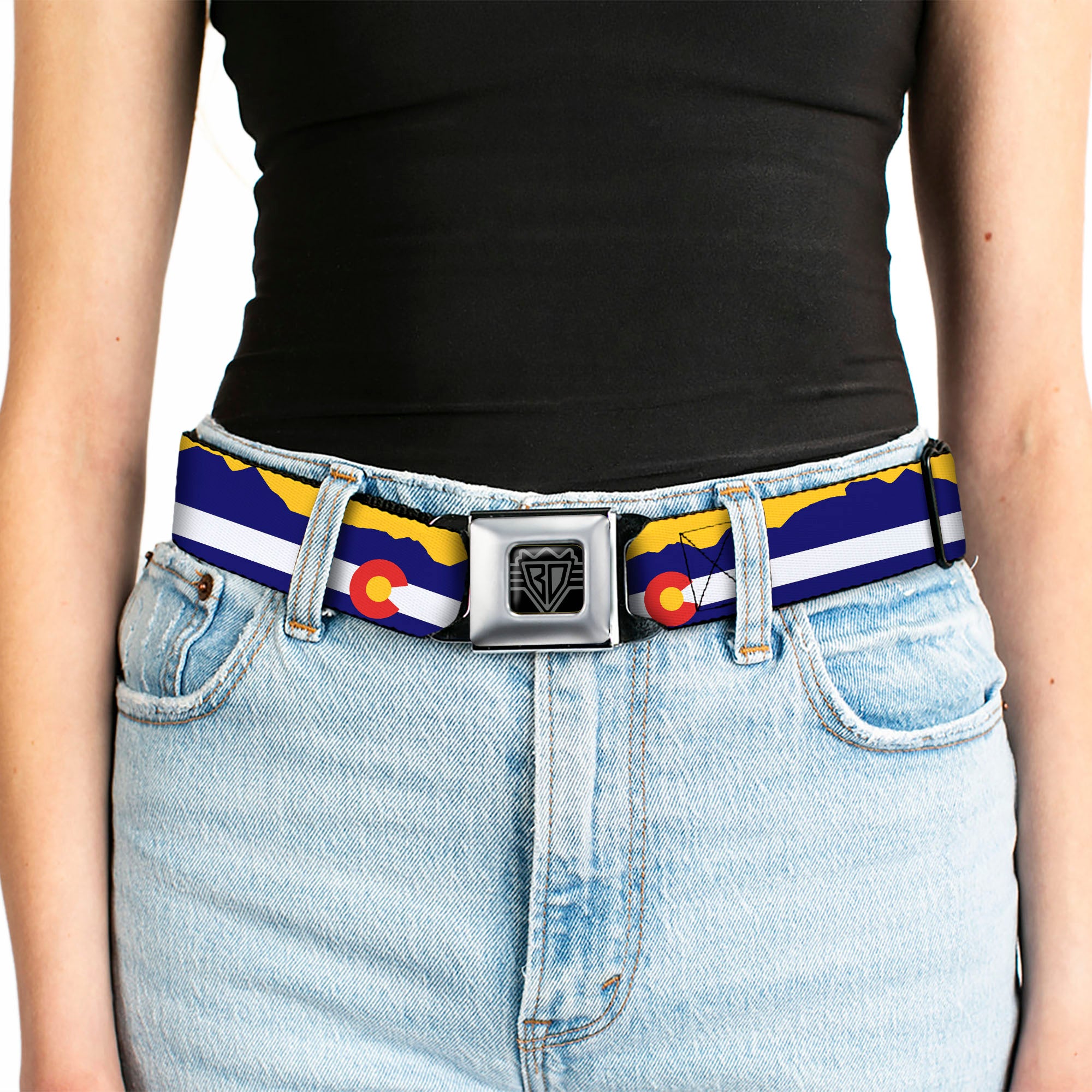 BD Wings Logo CLOSE-UP Full Color Black Silver Seatbelt Belt - Colorado Flag/Mountain Silhouette Yellow Webbing Seatbelt Belts Buckle-Down