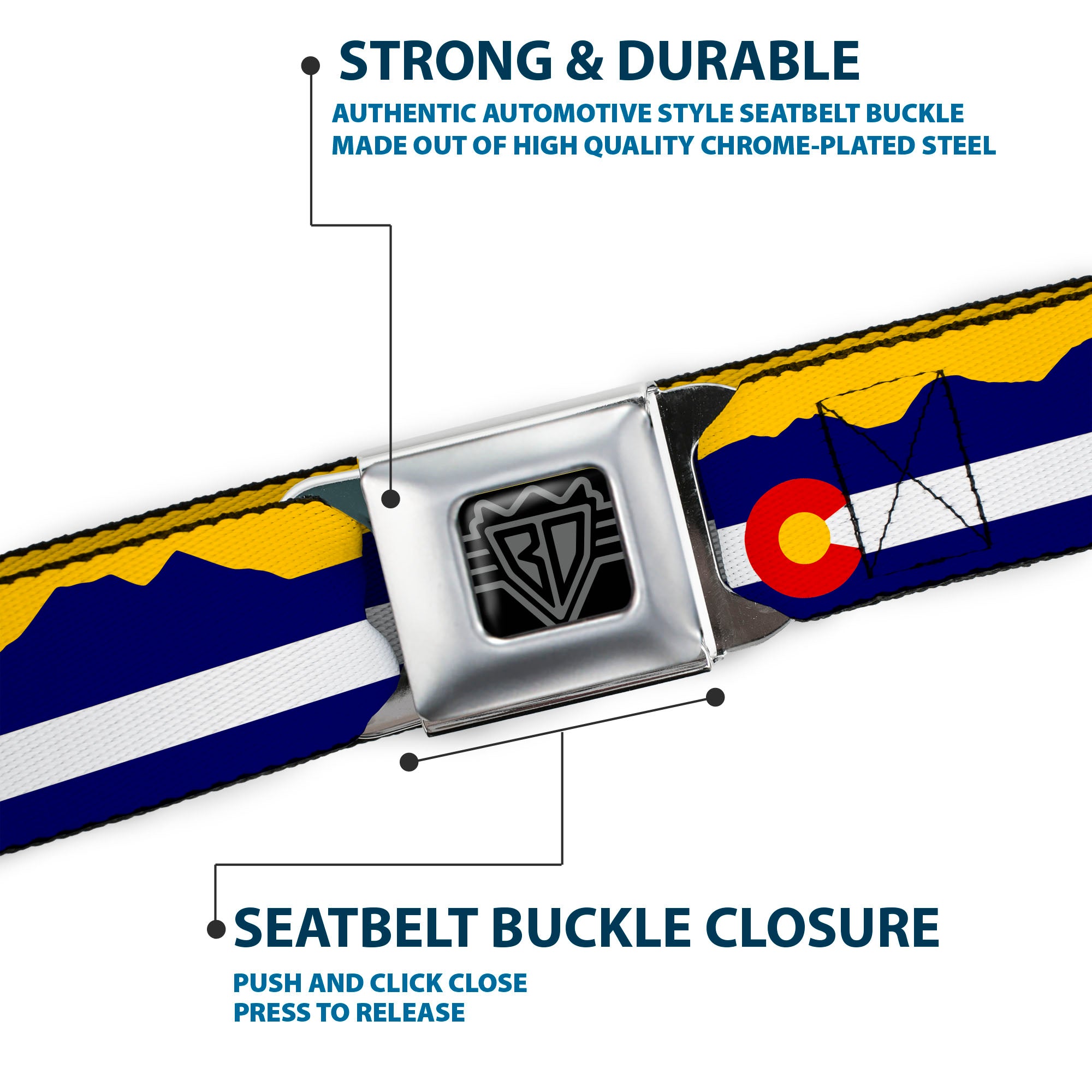 BD Wings Logo CLOSE-UP Full Color Black Silver Seatbelt Belt - Colorado Flag/Mountain Silhouette Yellow Webbing Seatbelt Belts Buckle-Down