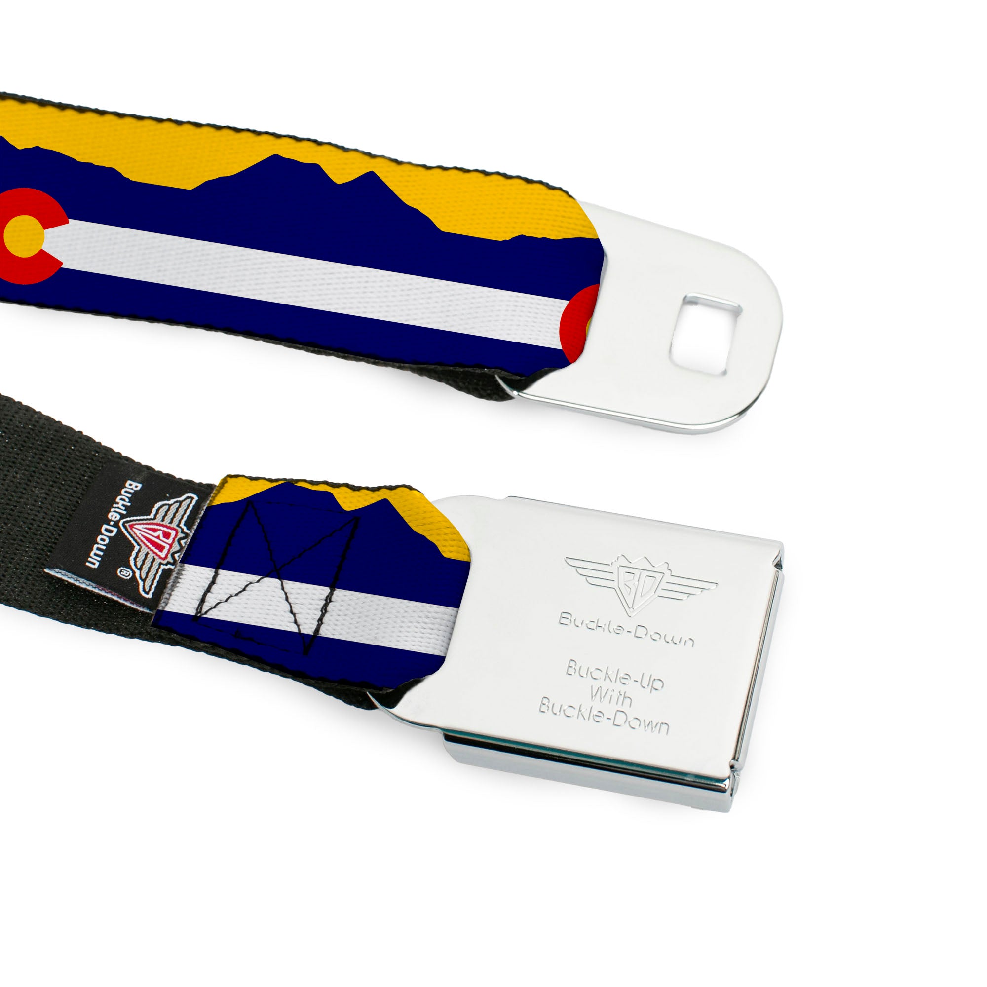 BD Wings Logo CLOSE-UP Full Color Black Silver Seatbelt Belt - Colorado Flag/Mountain Silhouette Yellow Webbing Seatbelt Belts Buckle-Down