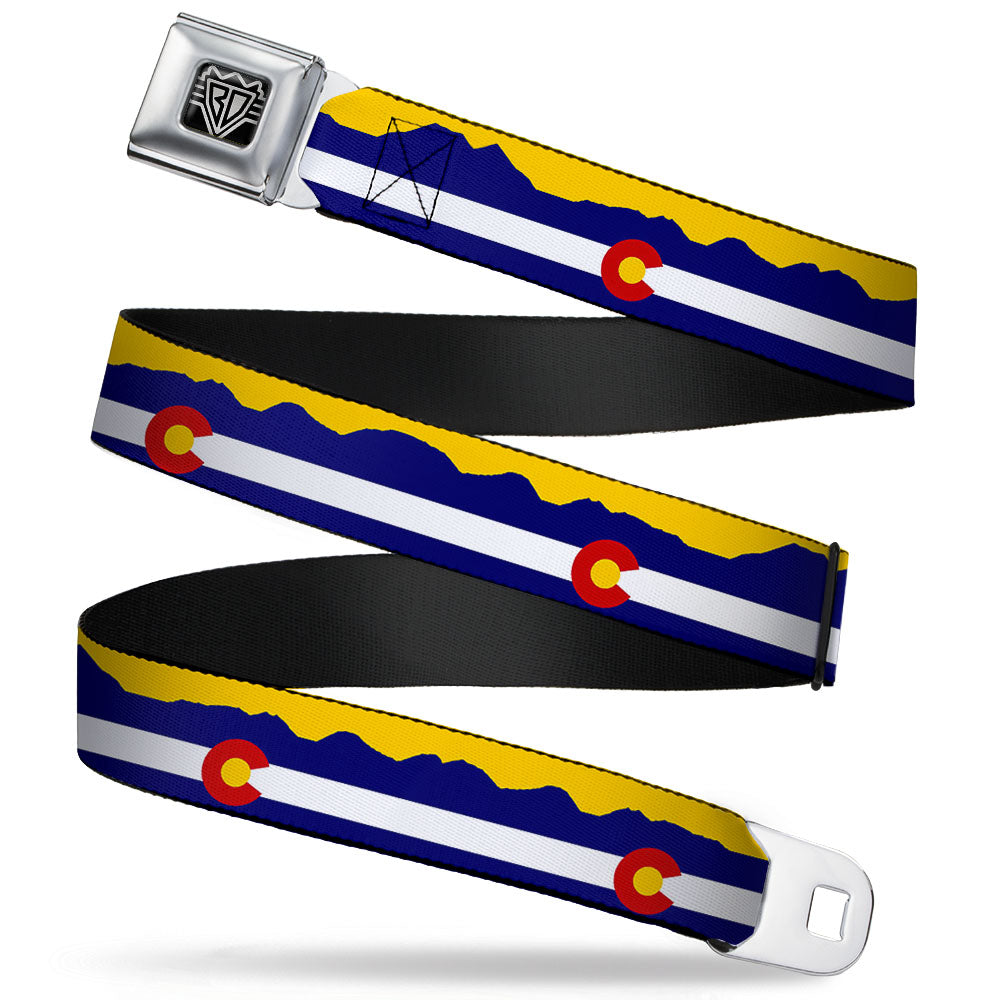 BD Wings Logo CLOSE-UP Full Color Black Silver Seatbelt Belt - Colorado Flag/Mountain Silhouette Yellow Webbing Seatbelt Belts Buckle-Down