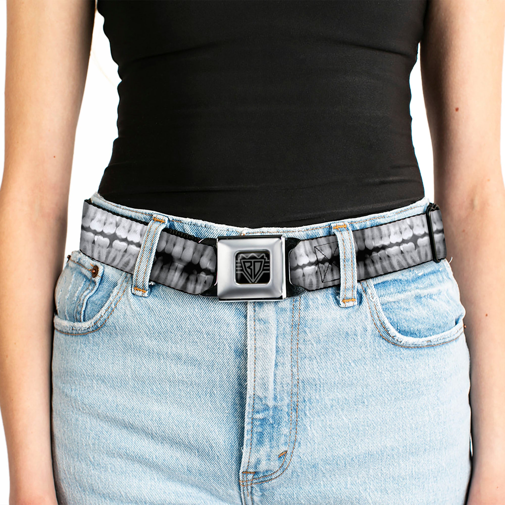 BD Wings Logo CLOSE-UP Full Color Black Silver Seatbelt Belt - Dental X-Rays Black/White Webbing Seatbelt Belts Buckle-Down