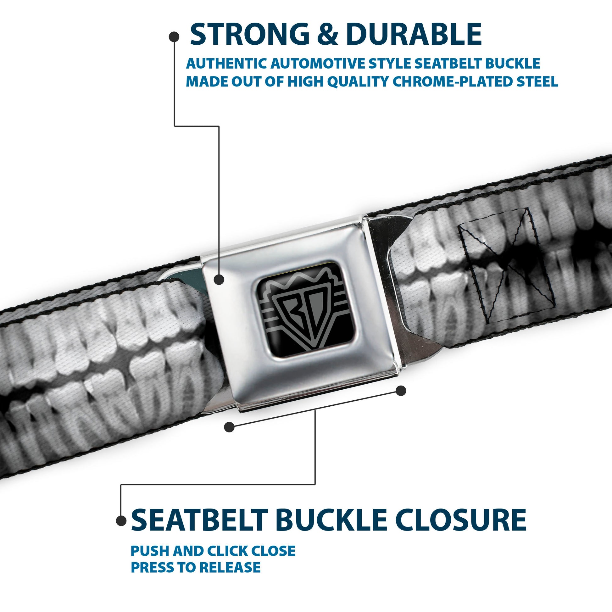 BD Wings Logo CLOSE-UP Full Color Black Silver Seatbelt Belt - Dental X-Rays Black/White Webbing Seatbelt Belts Buckle-Down