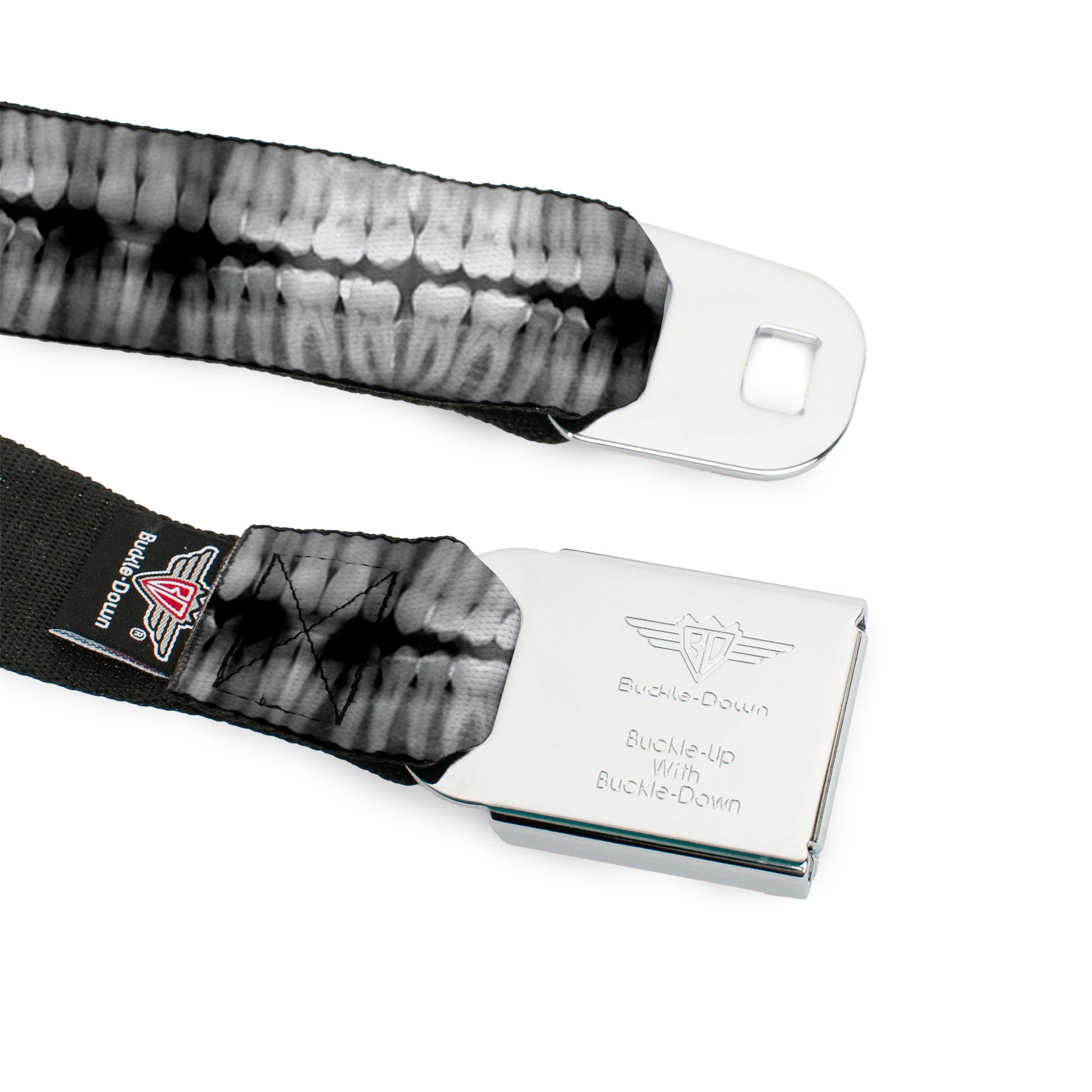 BD Wings Logo CLOSE-UP Full Color Black Silver Seatbelt Belt - Dental X-Rays Black/White Webbing Seatbelt Belts Buckle-Down