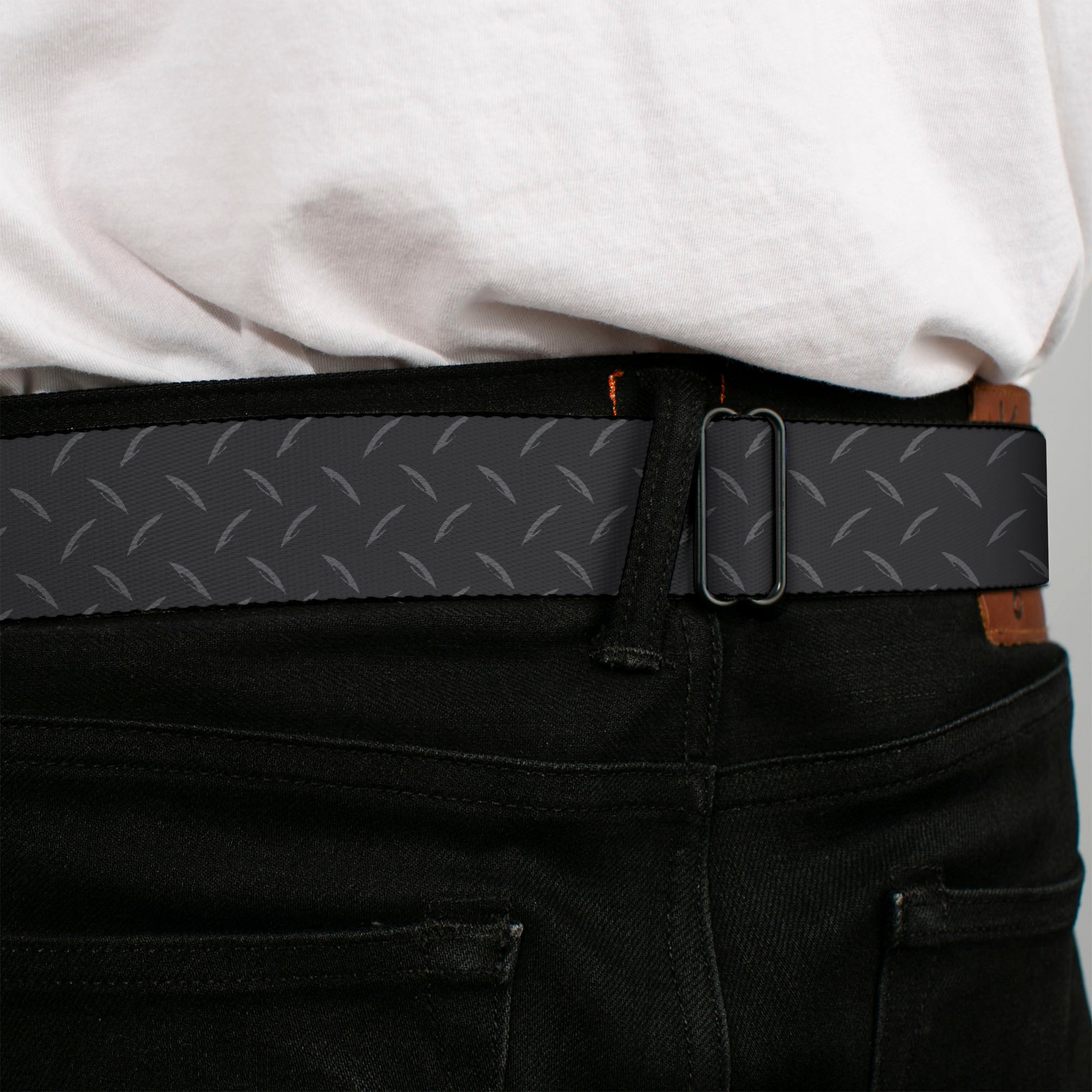 BD Wings Logo CLOSE-UP Full Color Black Silver Seatbelt Belt - Diamond Plate Grays Webbing Seatbelt Belts Buckle-Down