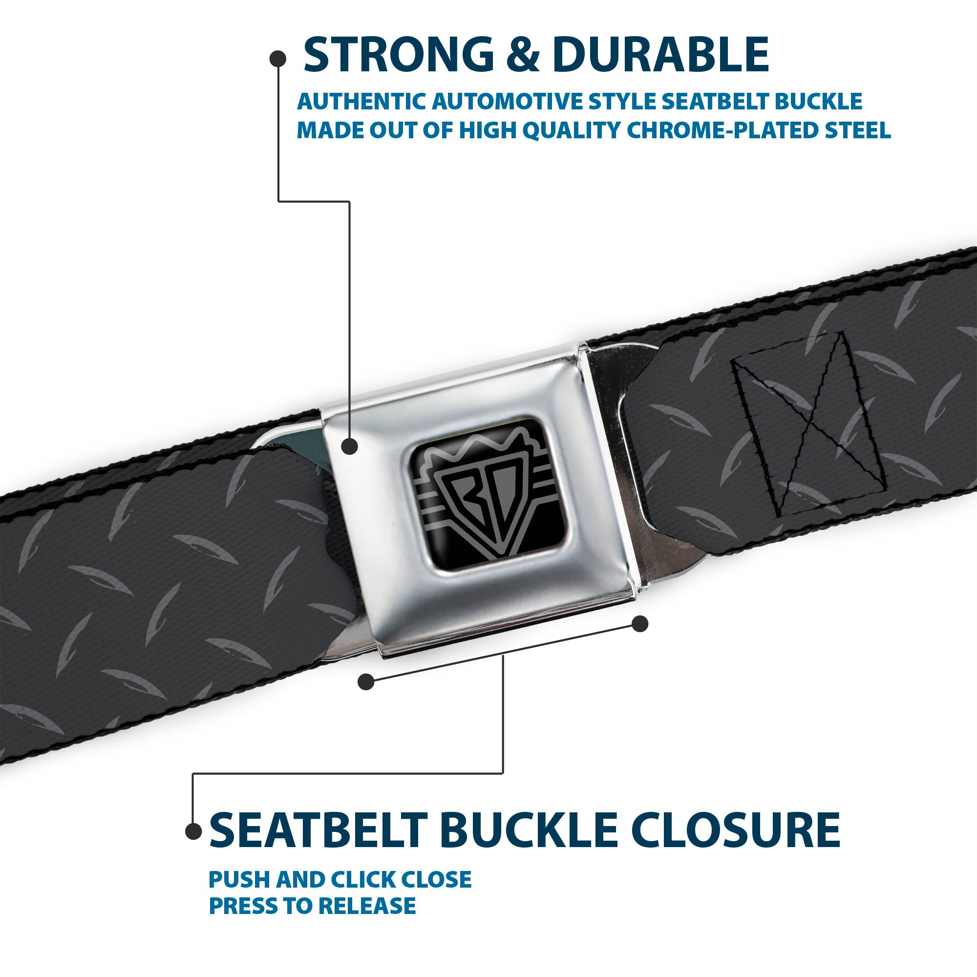 BD Wings Logo CLOSE-UP Full Color Black Silver Seatbelt Belt - Diamond Plate Grays Webbing Seatbelt Belts Buckle-Down