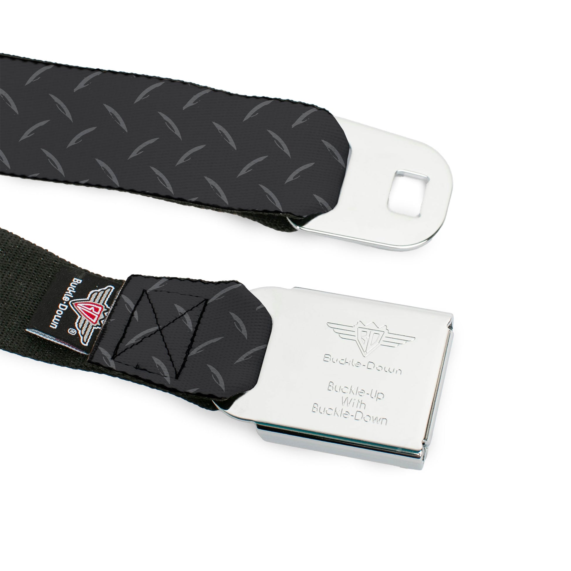 BD Wings Logo CLOSE-UP Full Color Black Silver Seatbelt Belt - Diamond Plate Grays Webbing Seatbelt Belts Buckle-Down