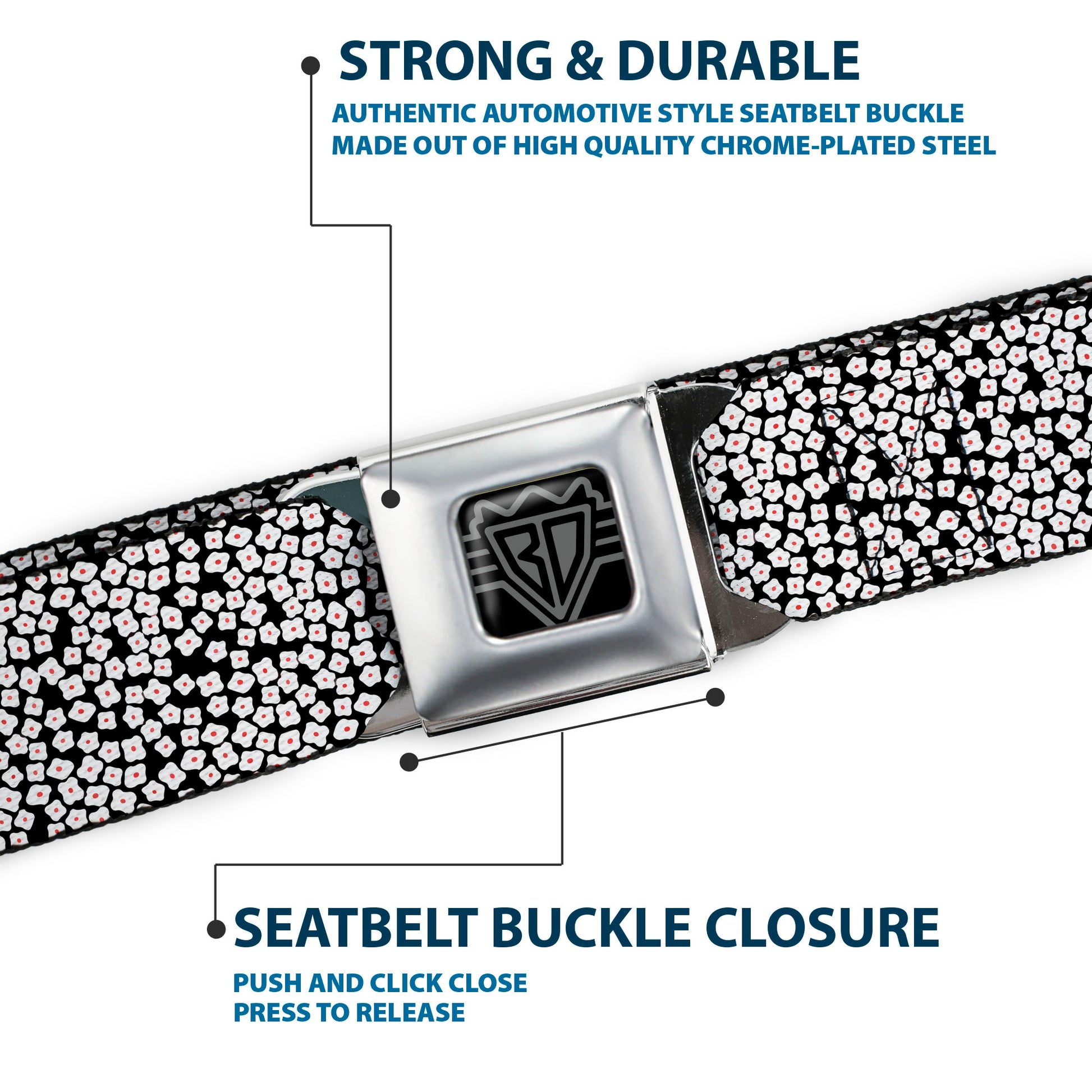 BD Wings Logo CLOSE-UP Full Color Black Silver Seatbelt Belt - Ditsy Floral Black/White/Red Webbing Seatbelt Belts Buckle-Down
